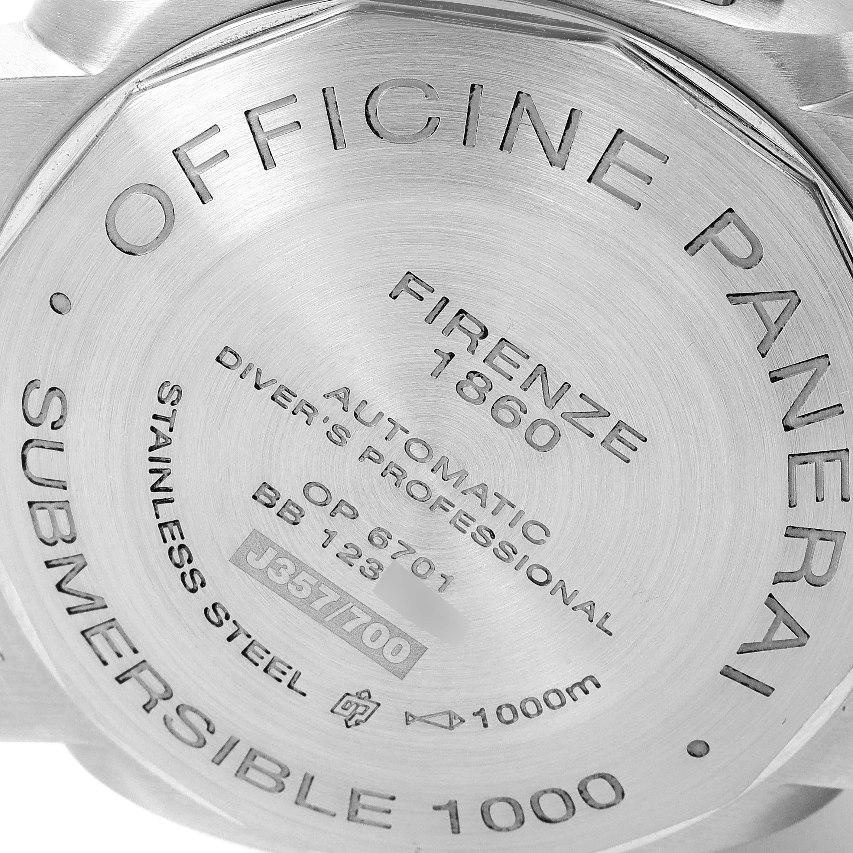 The image shows the back case of a Panerai Submersible PAM00243 Men's Stainless Steel Black Dial PAM00243 Men's Stainless Steel Black Dial watch, highlighting engravings and model details.