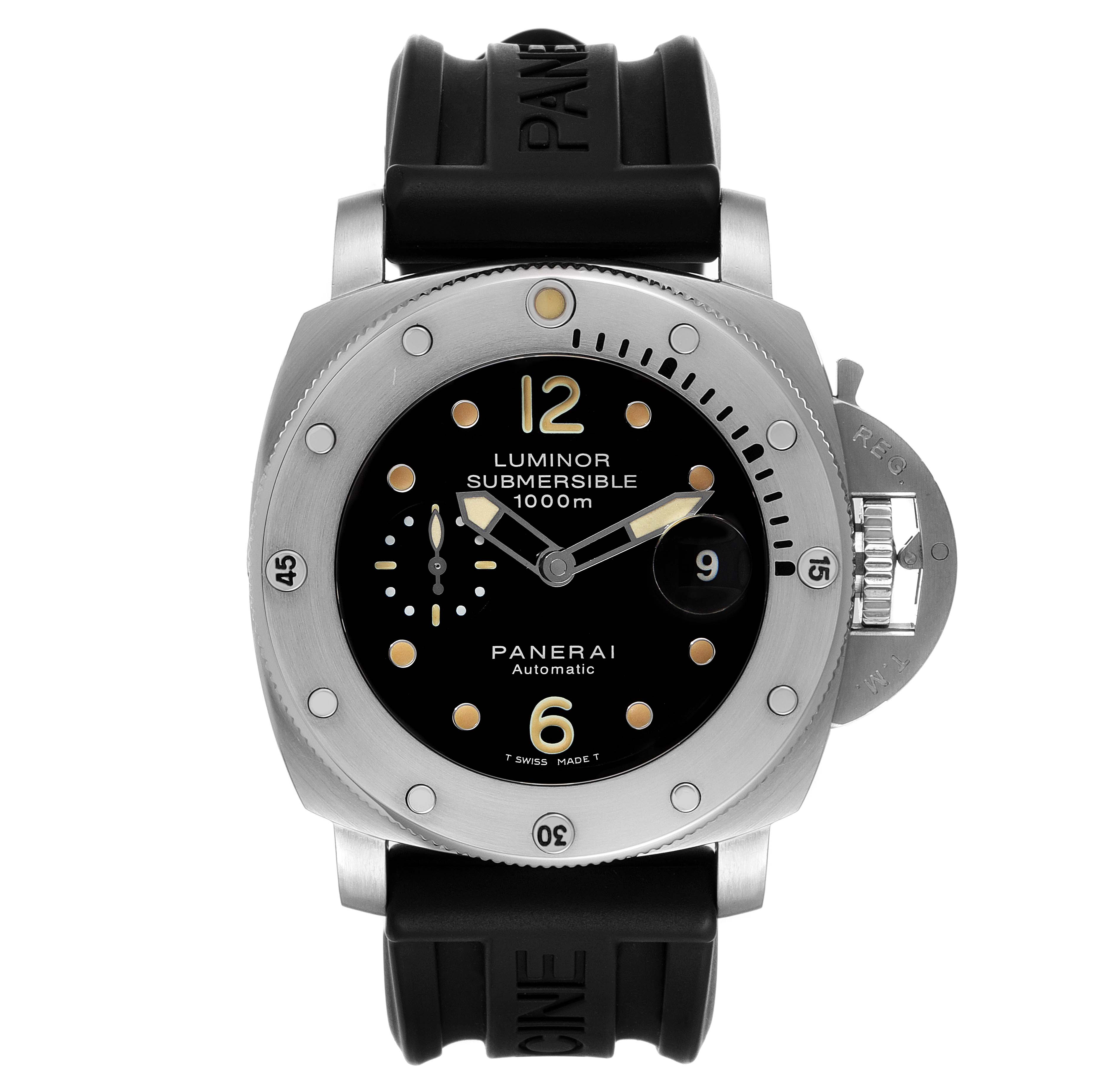 This image shows a front view of the Panerai Luminor Submersible 1000m watch, highlighting the dial, bezel, and strap.