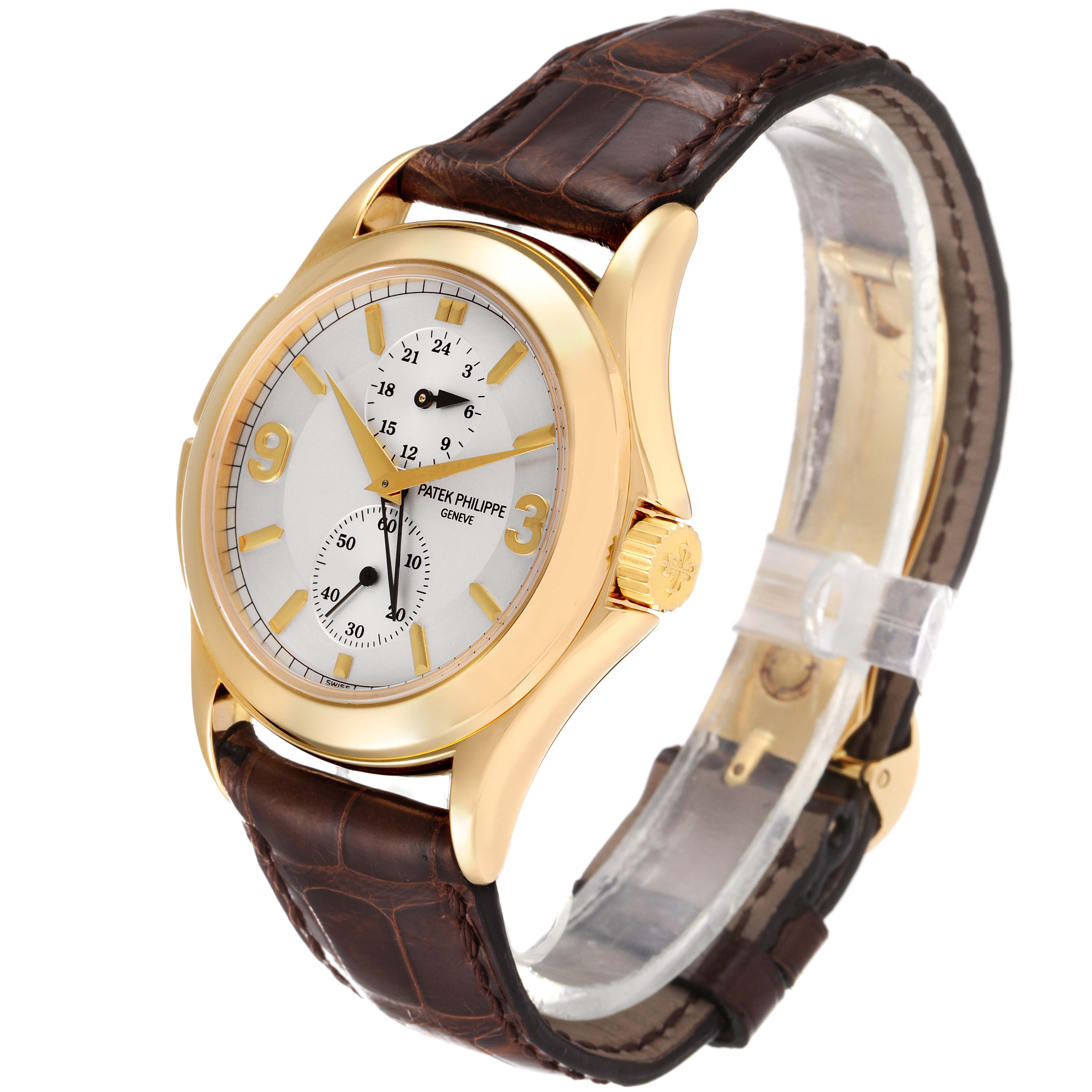 The image shows a Patek Philippe Calatrava 5134J Men's Yellow Gold White Dial 5134J Men's Yellow Gold White Dial watch at a three-quarter angle, highlighting the dial, bezel, case, and leather strap.