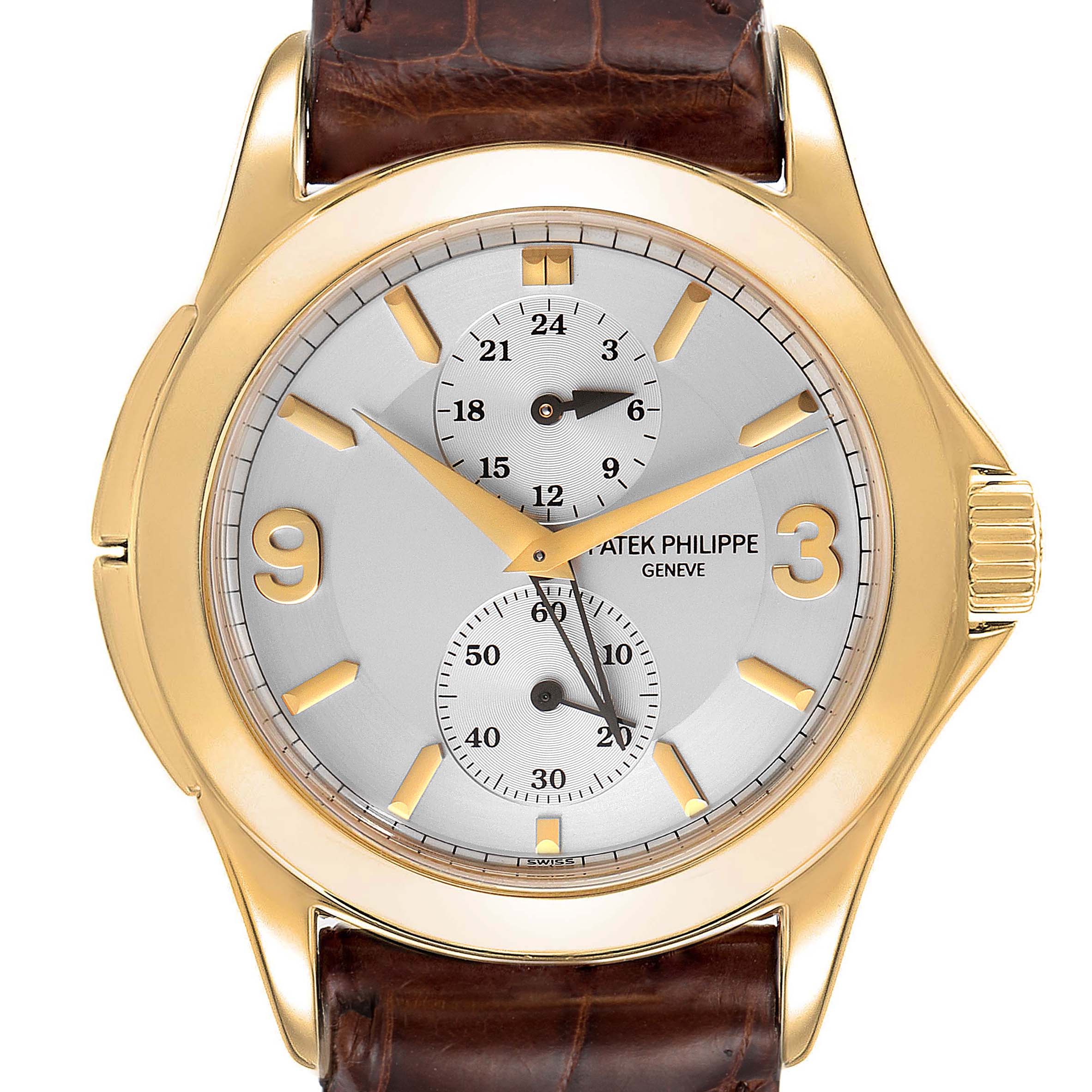 The image shows a frontal view of a Patek Philippe Calatrava 5134J Men's Yellow Gold White Dial 5134J Men's Yellow Gold White Dial watch, highlighting its dial, hands, subdials, and leather strap.