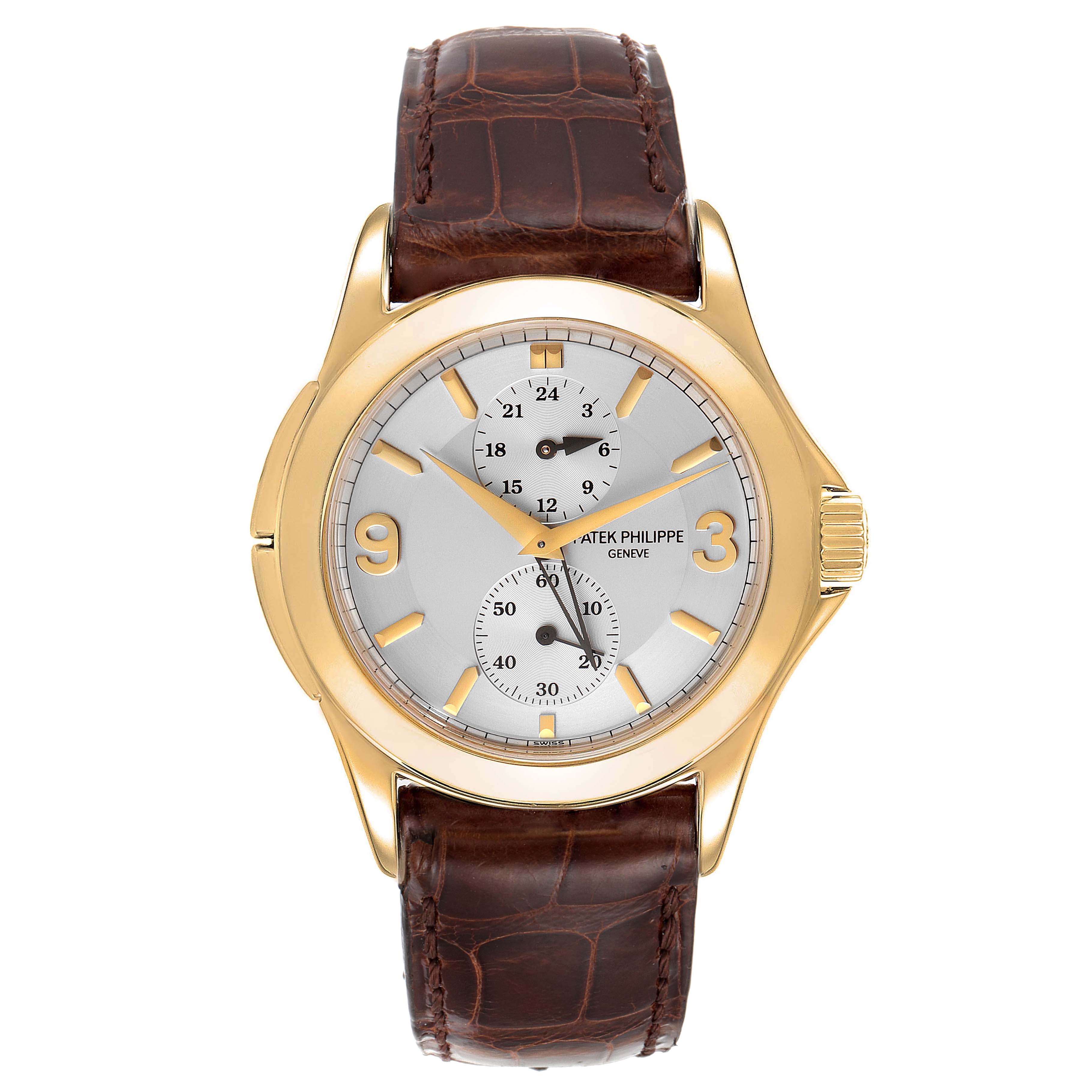 This is a front view of a Patek Philippe Calatrava 5134J Men's Yellow Gold White Dial 5134J Men's Yellow Gold White Dial watch with a leather strap and gold bezel.