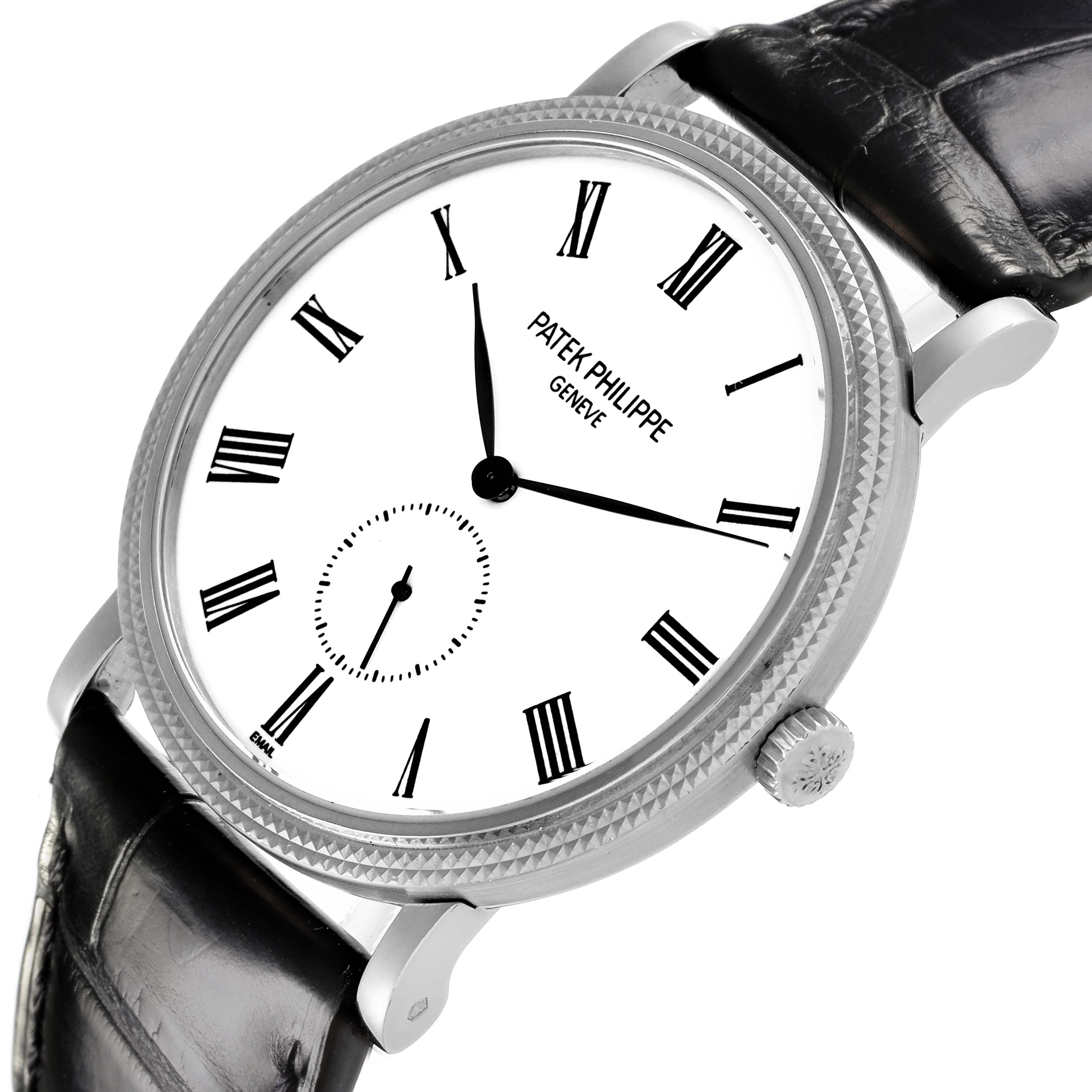 The Patek Philippe Calatrava 5116G Men's White Gold White Dial 5116G Men's White Gold White Dial watch is shown at an angled close-up focusing on the dial, bezel, crown, and strap.