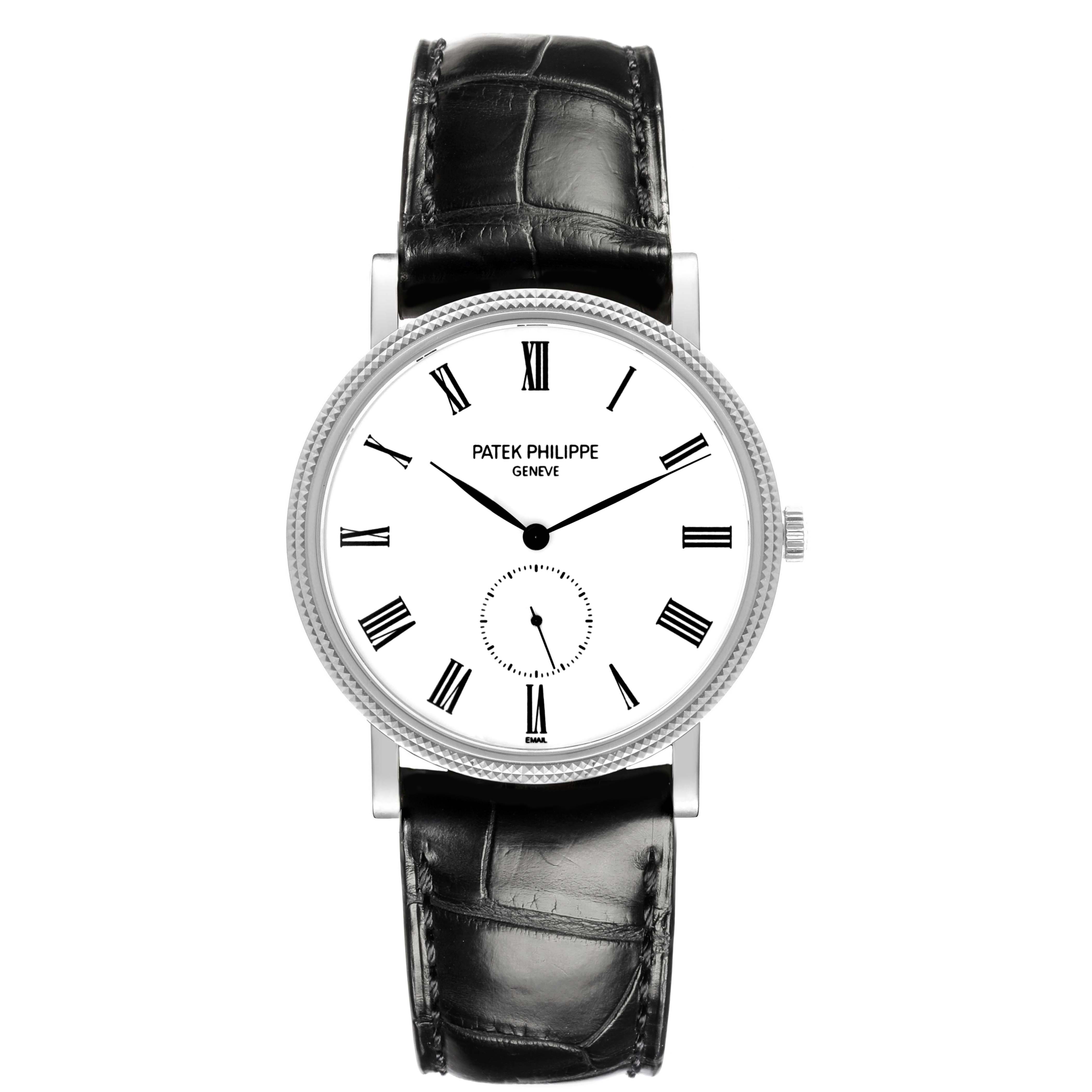 The watch is a frontal view of a Patek Philippe Calatrava 5116G Men's White Gold White Dial 5116G Men's White Gold White Dial, showing its face, Roman numerals, and black leather strap.