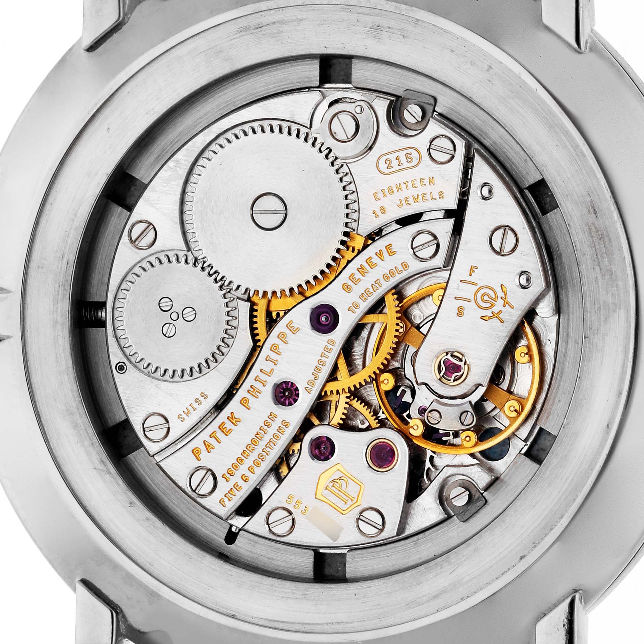 The image shows the back view of a Patek Philippe Calatrava 5116G Men's White Gold White Dial 5116G Men's White Gold White Dial, highlighting its intricate mechanical movement.