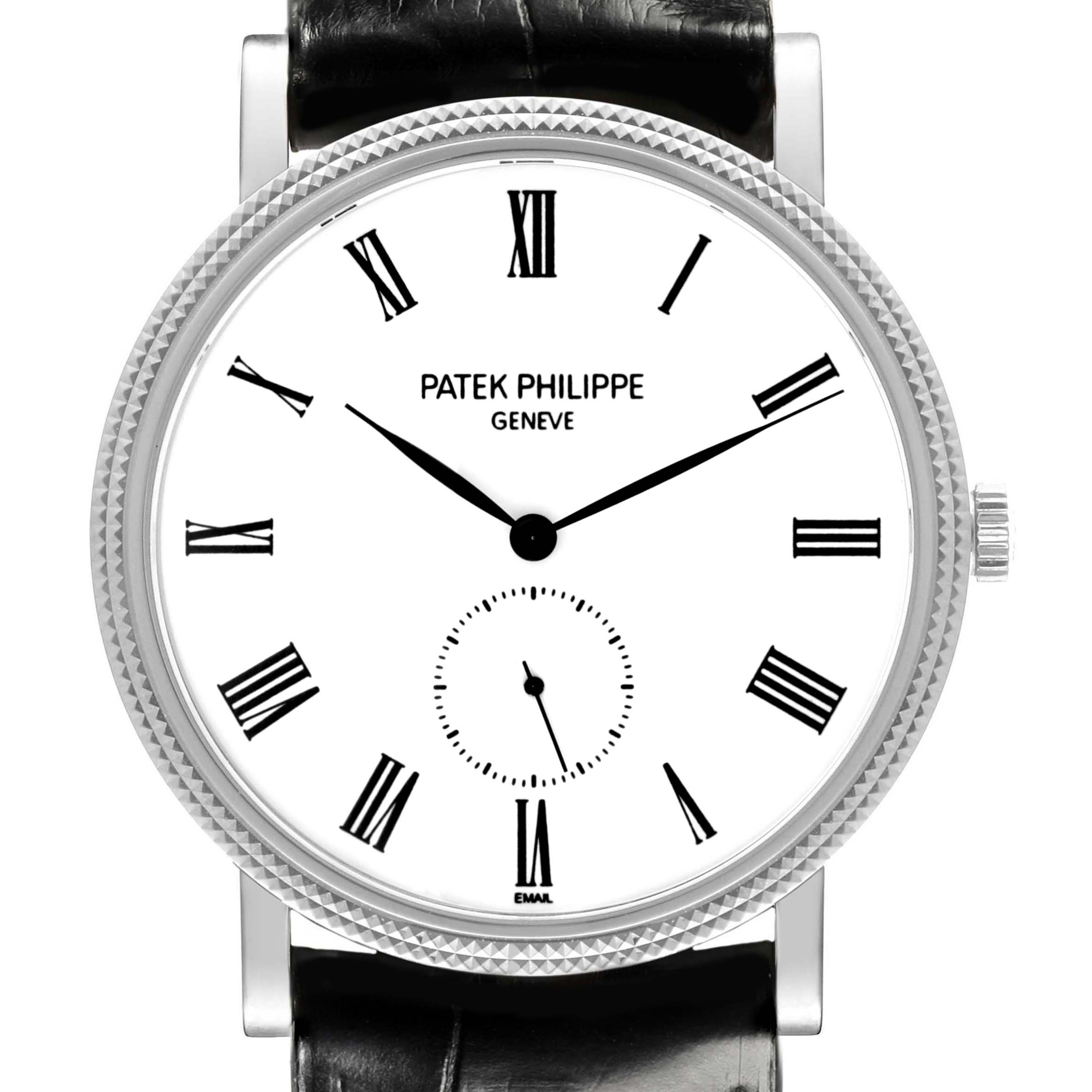 The image shows a frontal view of the Patek Philippe Calatrava 5116G Men's White Gold White Dial 5116G Men's White Gold White Dial watch, displaying the dial, hands, bezel, and part of the strap.