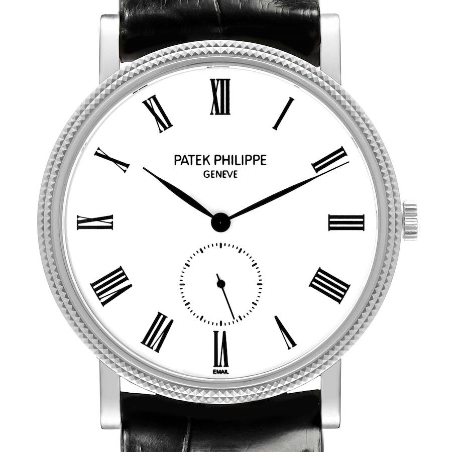 The image shows a frontal view of the Patek Philippe Calatrava watch, displaying the dial, hands, bezel, and part of the strap.