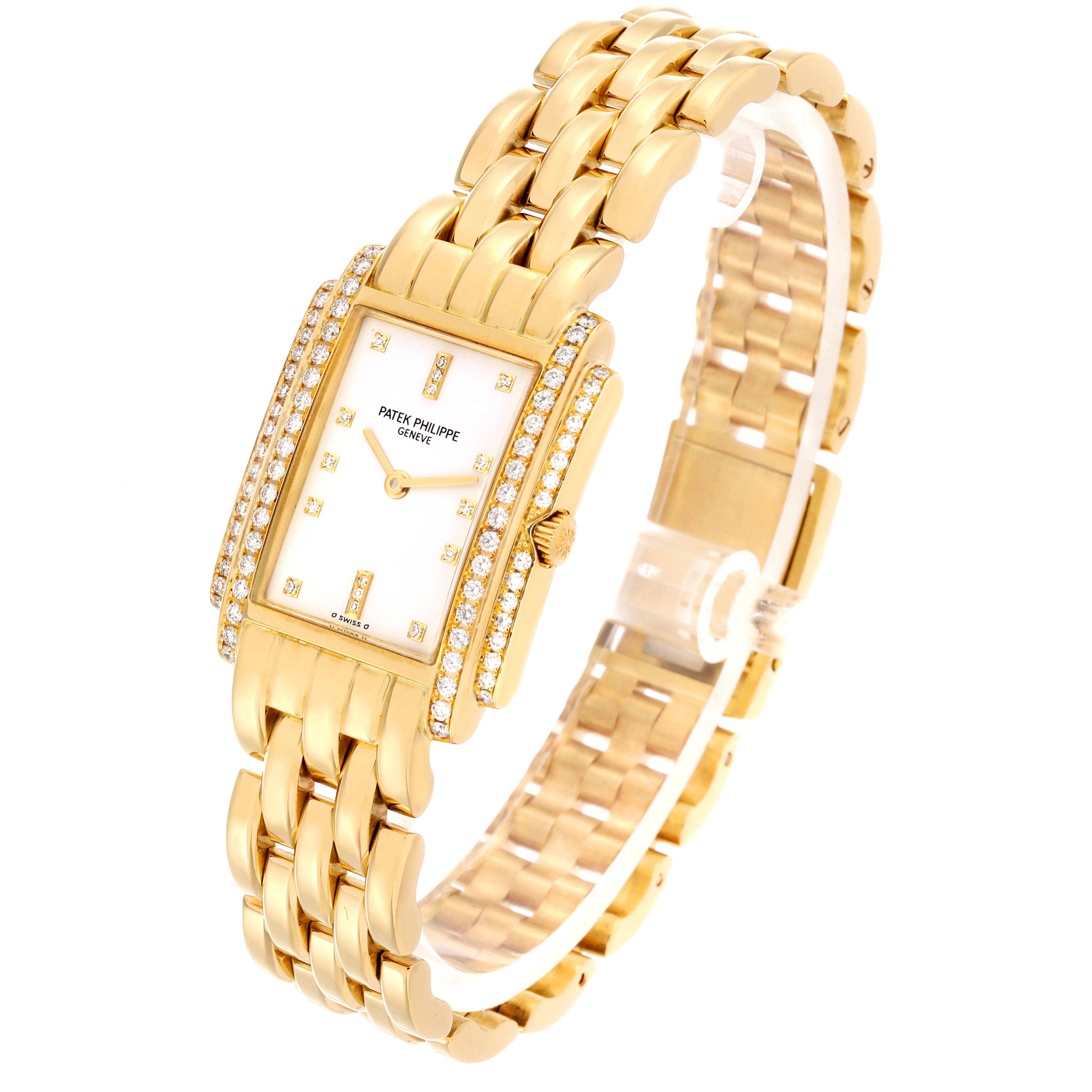 The Patek Philippe Gondolo 4825 Women's Yellow Gold White Dial 4825 Women's Yellow Gold White Dial watch is shown at an angled view highlighting the face, diamond bezel, crown, and bracelet.