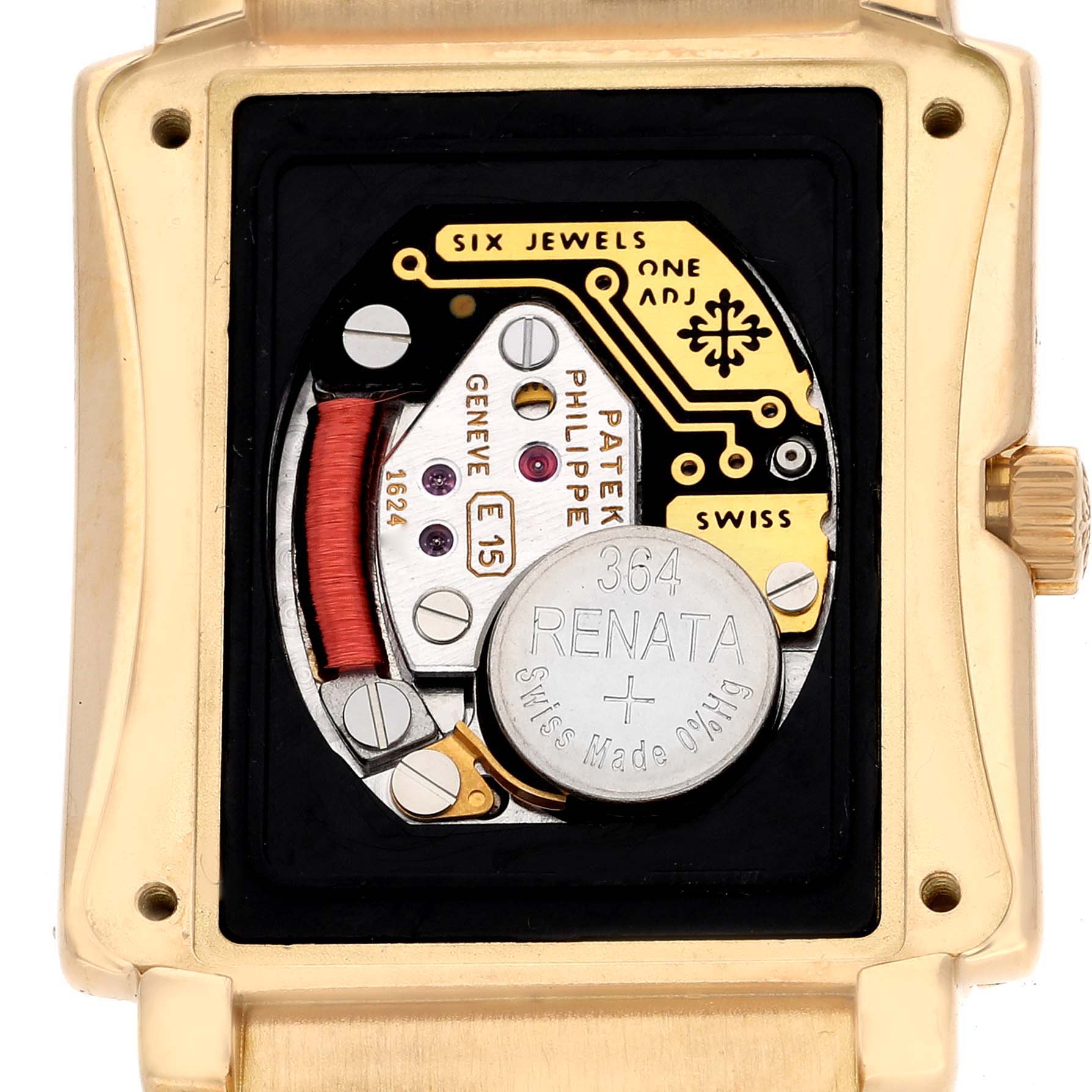 The image shows the back view of the Patek Philippe Gondolo 4825 Women's Yellow Gold White Dial 4825 Women's Yellow Gold White Dial watch, displaying its internal movement components.