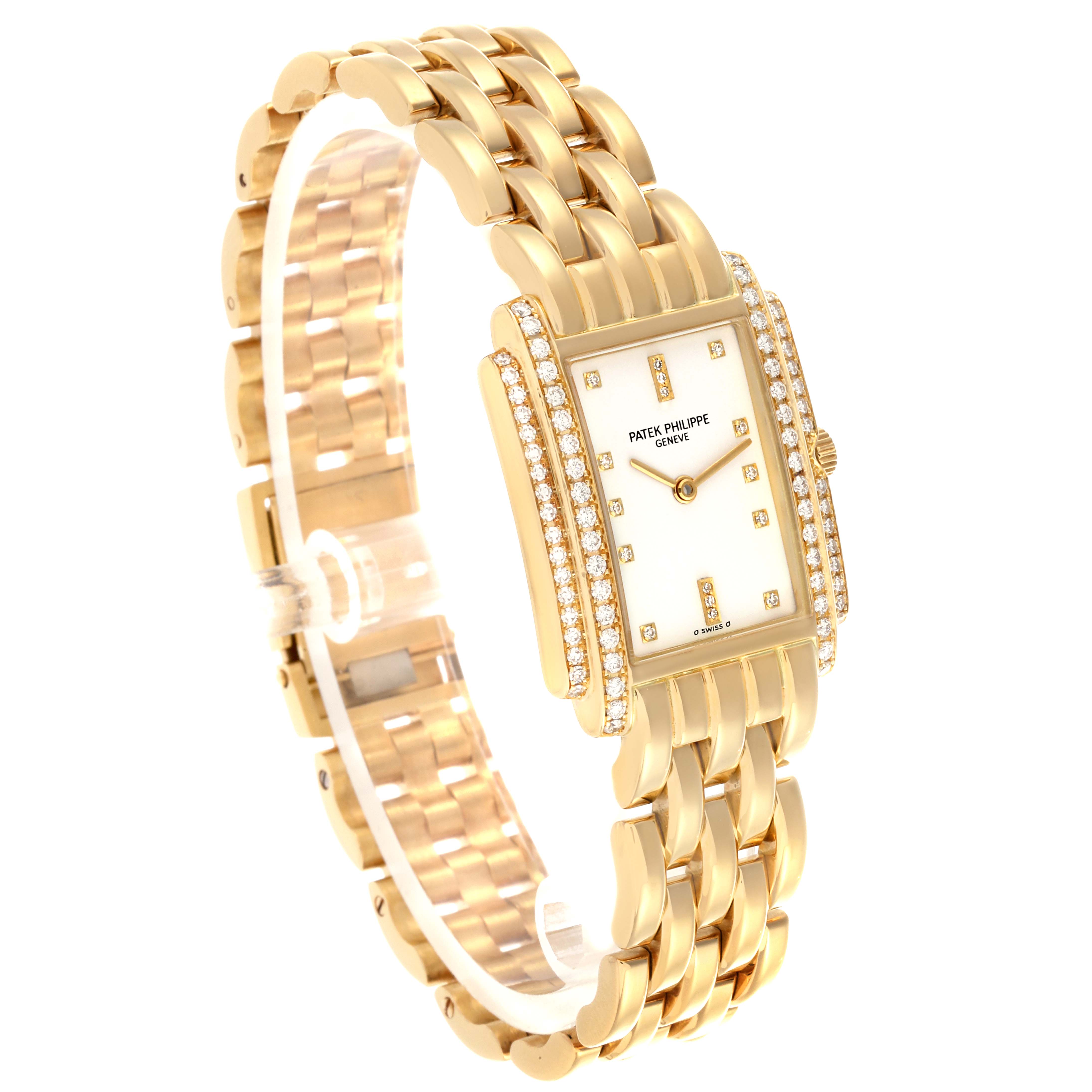 The Patek Philippe Gondolo 4825 Women's Yellow Gold White Dial 4825 Women's Yellow Gold White Dial watch is shown from a three-quarter angle highlighting the face, bezel, and bracelet.
