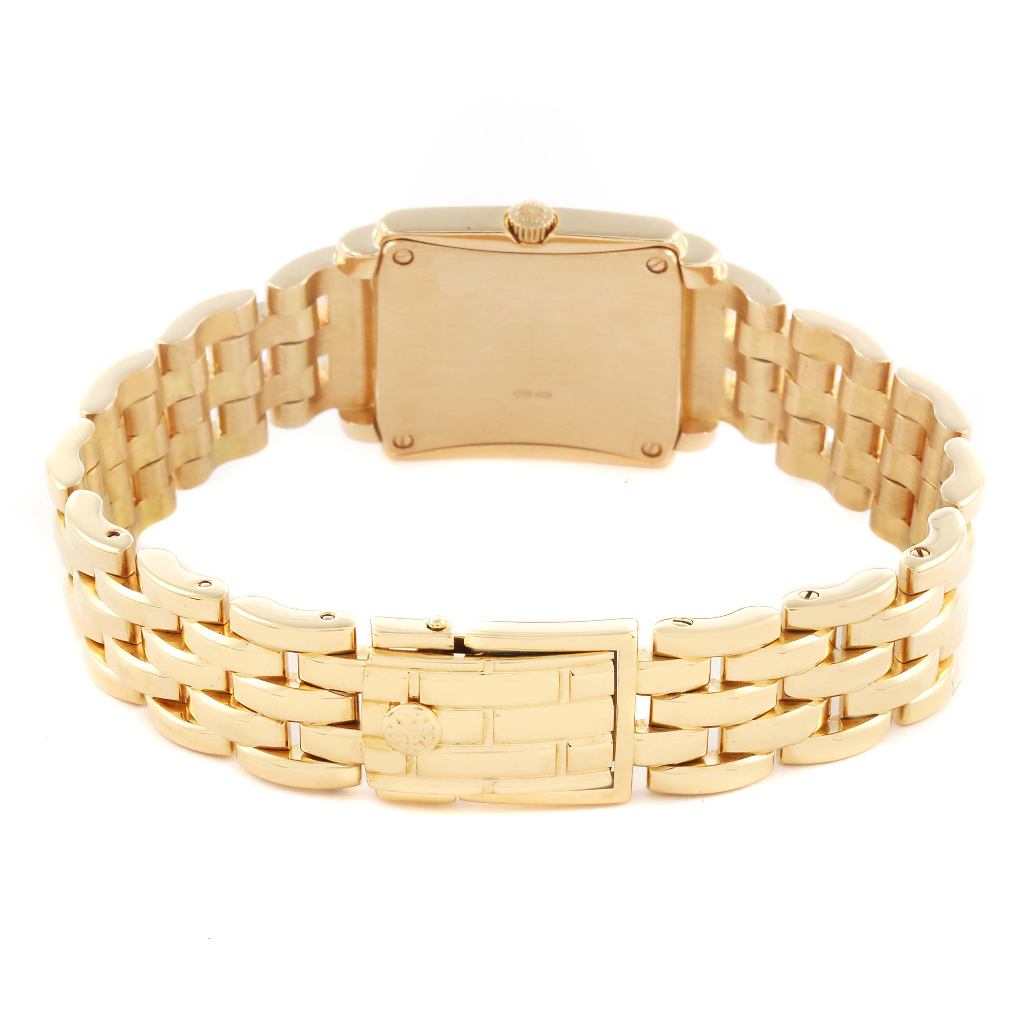 The image shows the back angle of a Patek Philippe Gondolo 4825 Women's Yellow Gold White Dial 4825 Women's Yellow Gold White Dial watch, highlighting its clasp and bracelet.