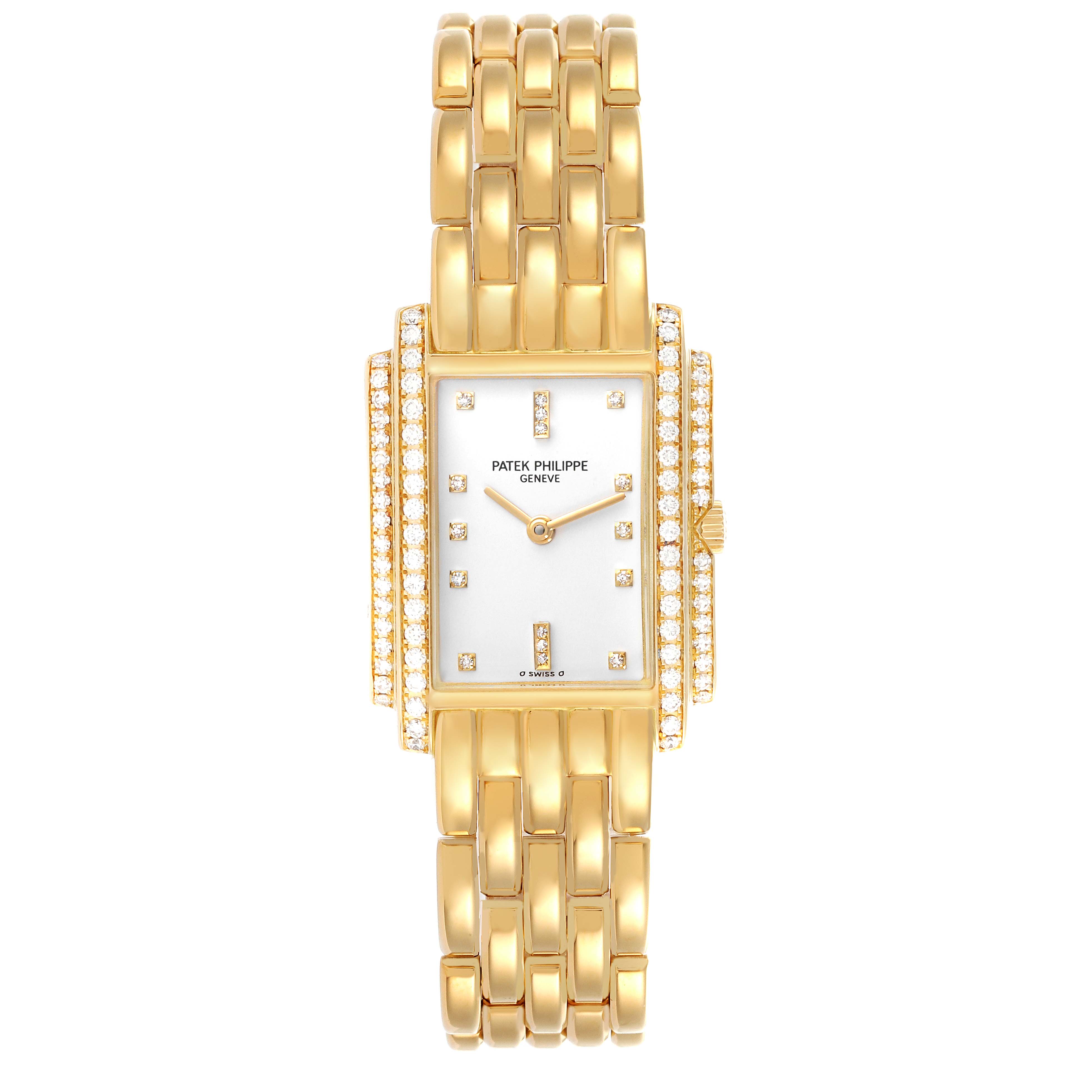 The image shows a front view of the Patek Philippe Gondolo 4825 Women's Yellow Gold White Dial 4825 Women's Yellow Gold White Dial watch, featuring a gold case, diamond accents, and an elegant bracelet.