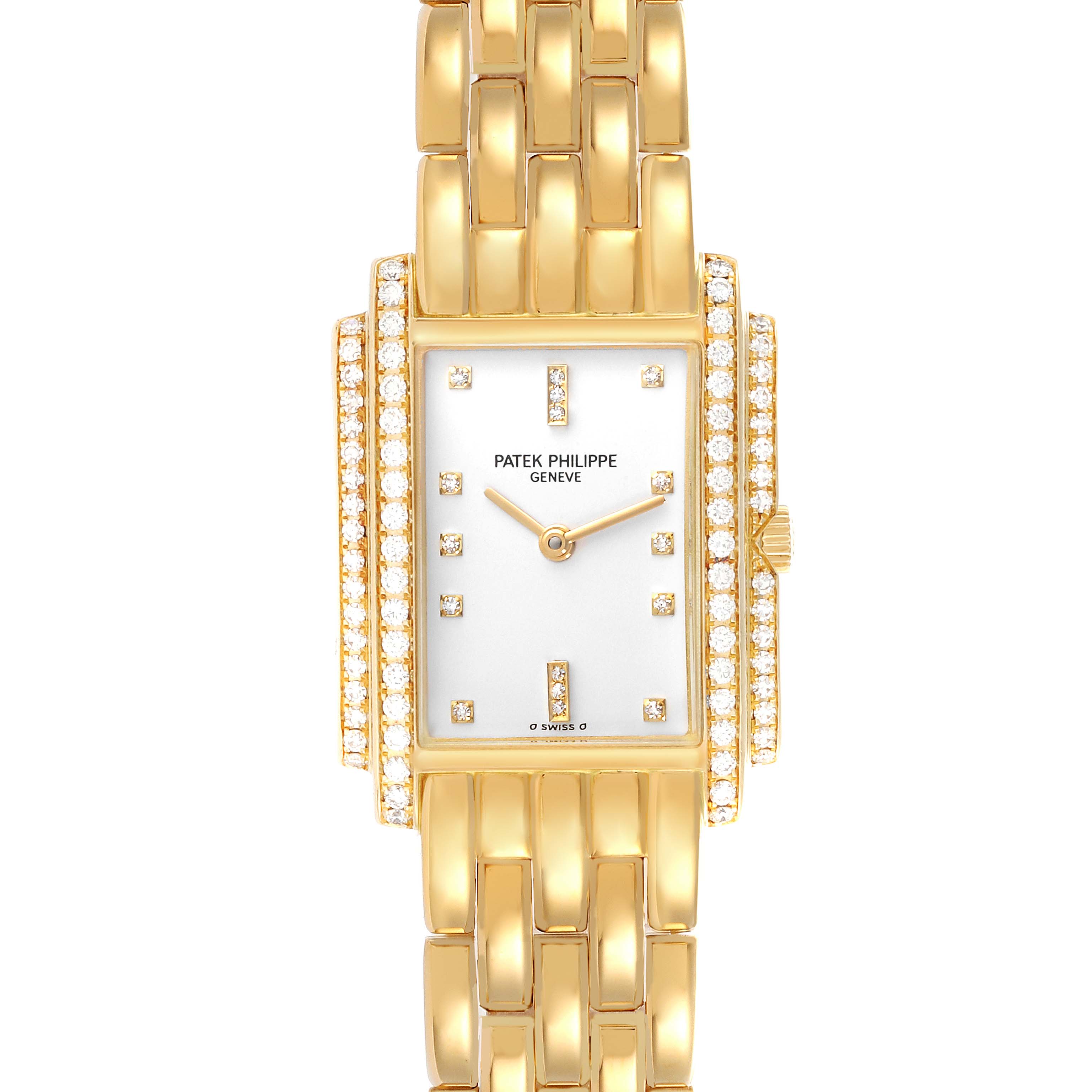 The Patek Philippe Gondolo 4825 Women's Yellow Gold White Dial 4825 Women's Yellow Gold White Dial watch is shown from a front angle, featuring the face, bezel, and bracelet.