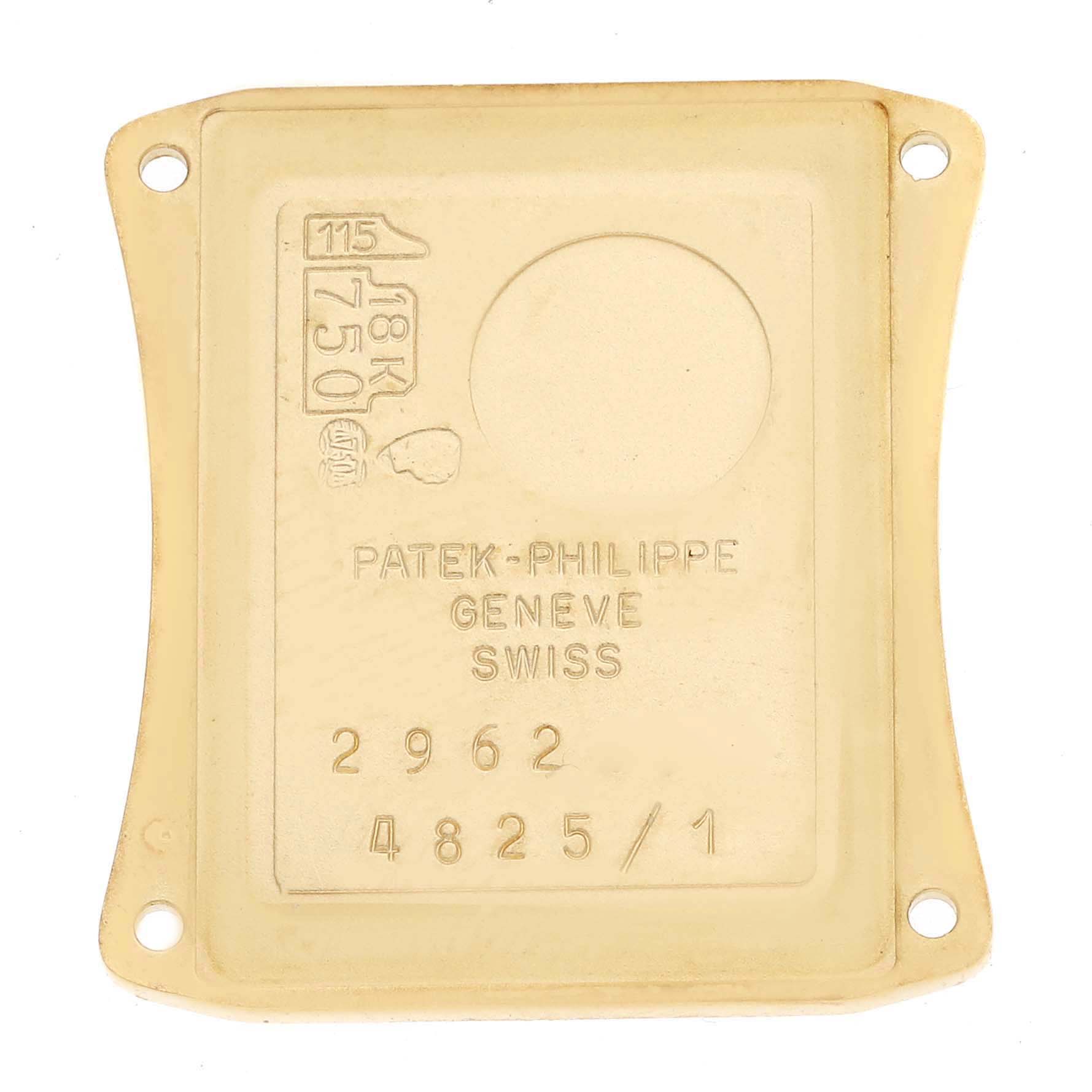 The image shows the backplate of a Patek Philippe Gondolo 4825 Women's Yellow Gold White Dial 4825 Women's Yellow Gold White Dial watch in gold, featuring engravings and model details.