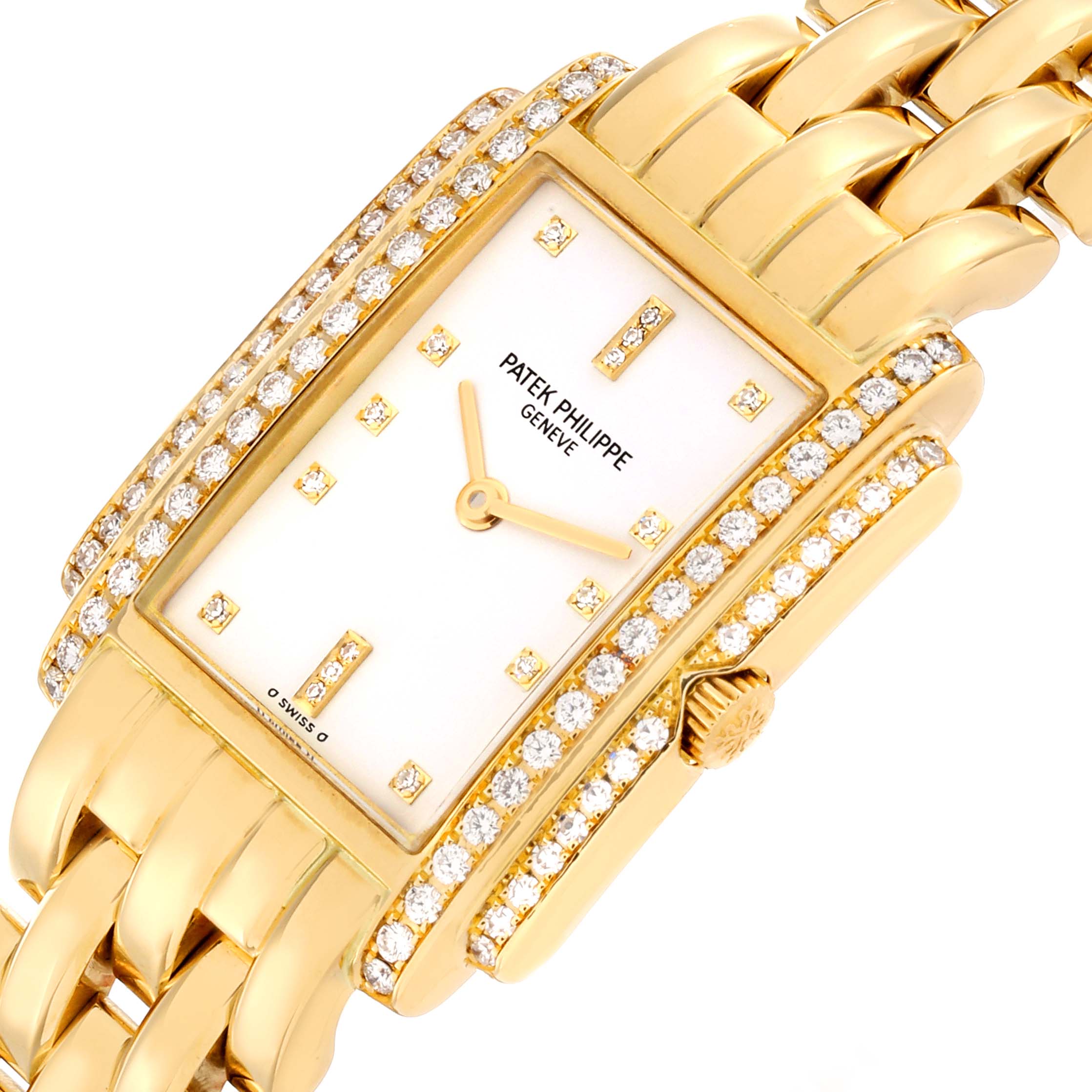 The Patek Philippe Gondolo 4825 Women's Yellow Gold White Dial 4825 Women's Yellow Gold White Dial watch is shown at an angle highlighting its diamond-studded case, dial, and gold bracelet.