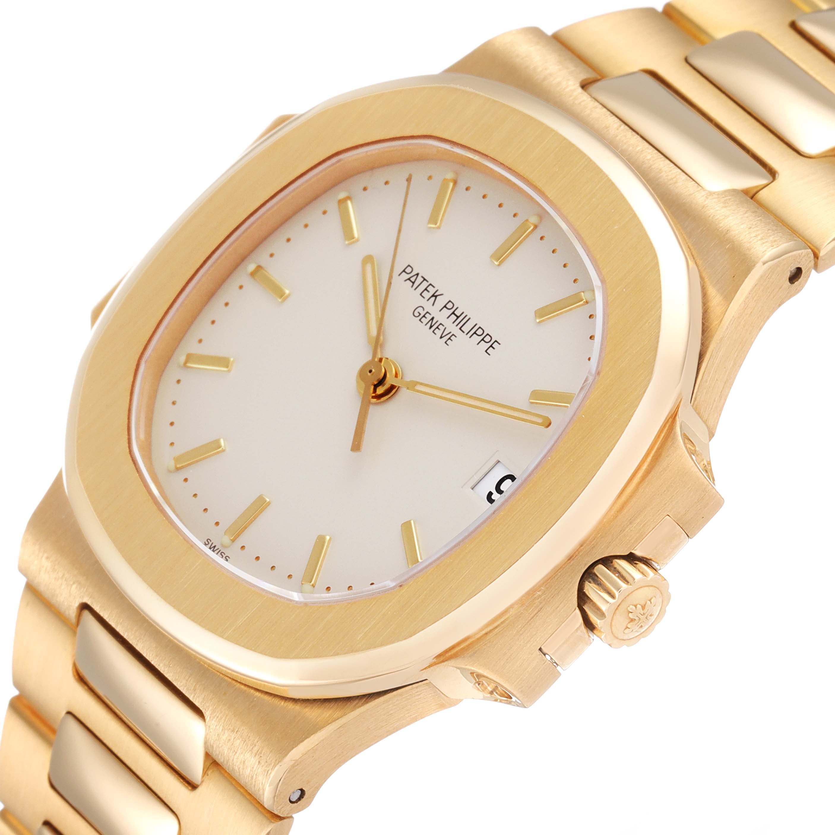 The image shows a close-up angle of the Patek Philippe Nautilus 3800 Men's Yellow Gold White Dial 3800 Men's Yellow Gold White Dial watch's face, side, and part of its bracelet.