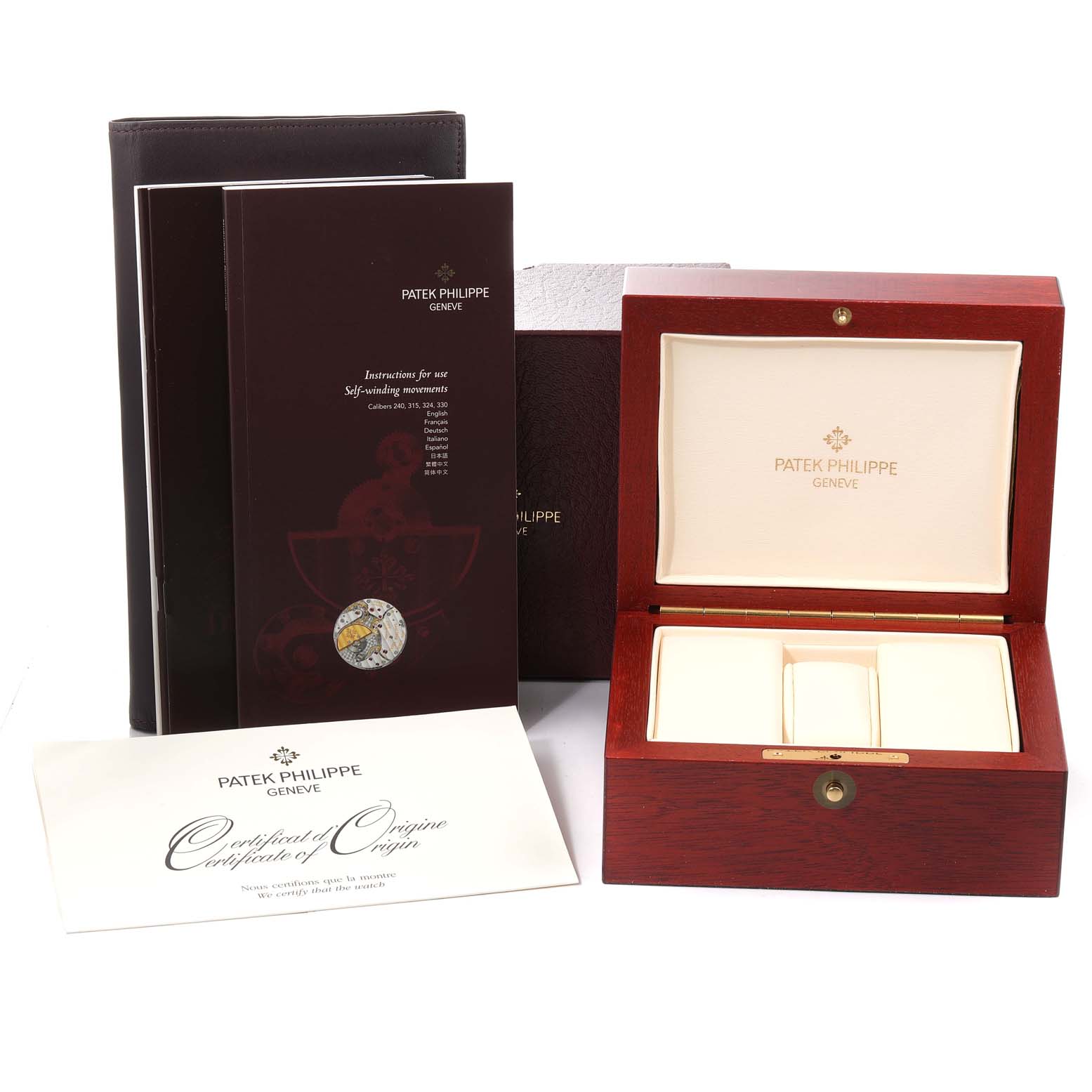 The image shows the packaging, certificate, and instruction manual for a Patek Philippe Nautilus 3800 Men's Yellow Gold White Dial 3800 Men's Yellow Gold White Dial watch along with its presentation box.