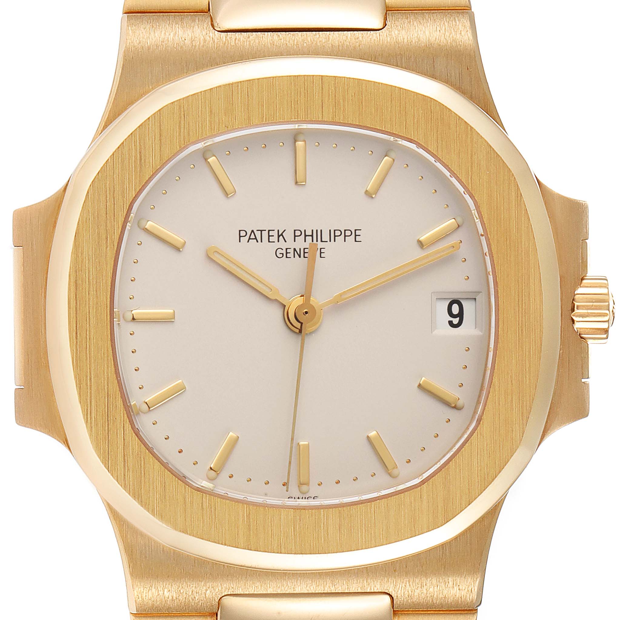 The image shows a front view of the Patek Philippe Nautilus 3800 Men's Yellow Gold White Dial 3800 Men's Yellow Gold White Dial watch, highlighting the dial, bezel, and part of the bracelet.