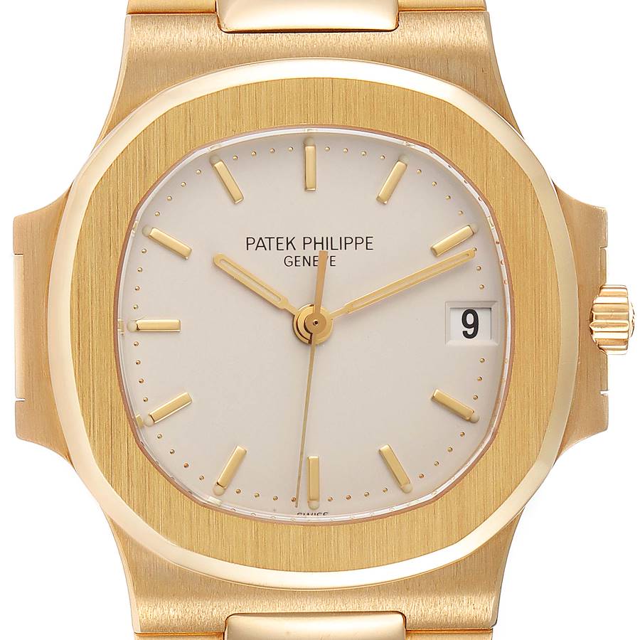 Patek Philippe Nautilus Yellow Gold Silver Dial Mens Watch 3800 Box Papers SwissWatchExpo