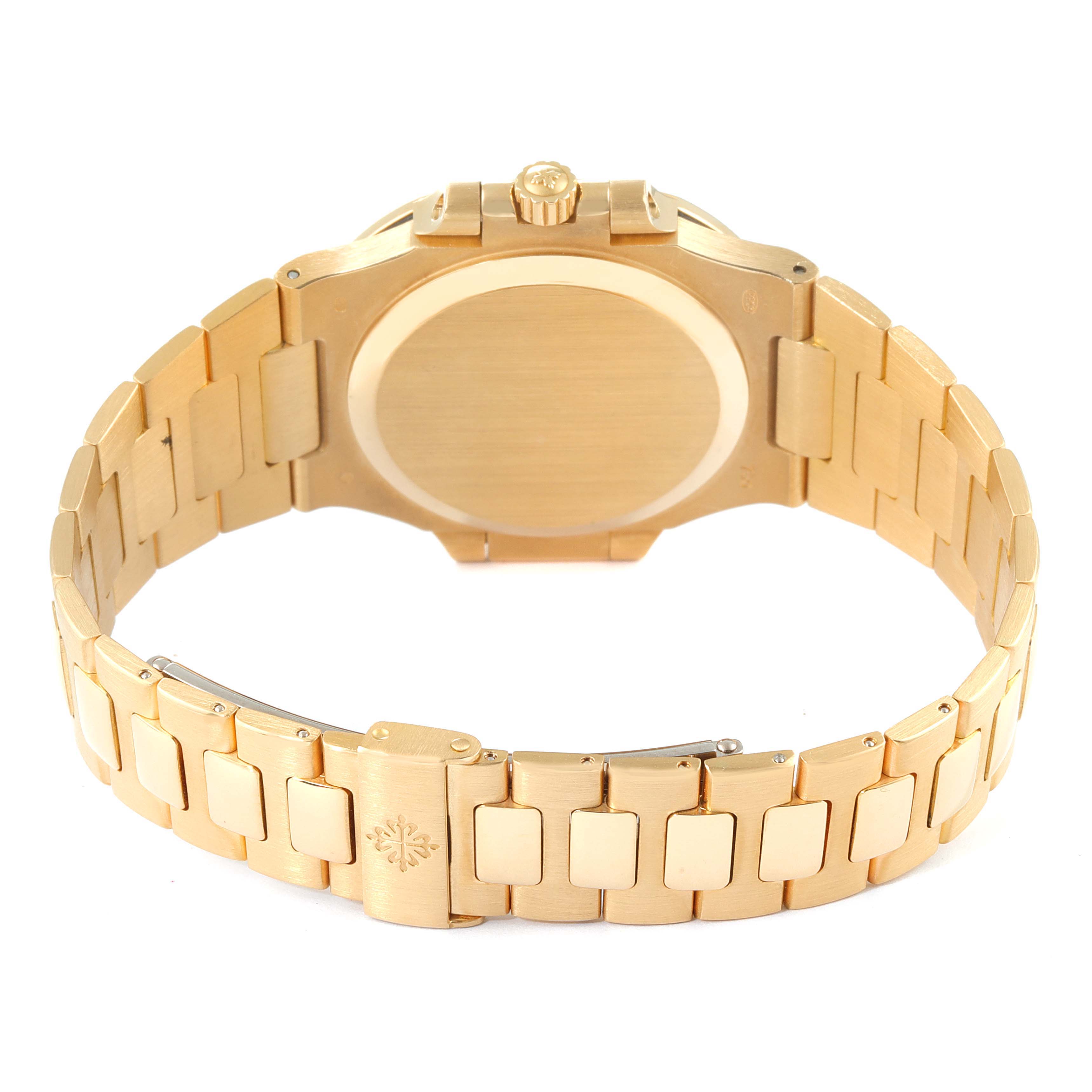 The image shows the back and bracelet of a gold Patek Philippe Nautilus 3800 Men's Yellow Gold White Dial 3800 Men's Yellow Gold White Dial watch from a rear angle.