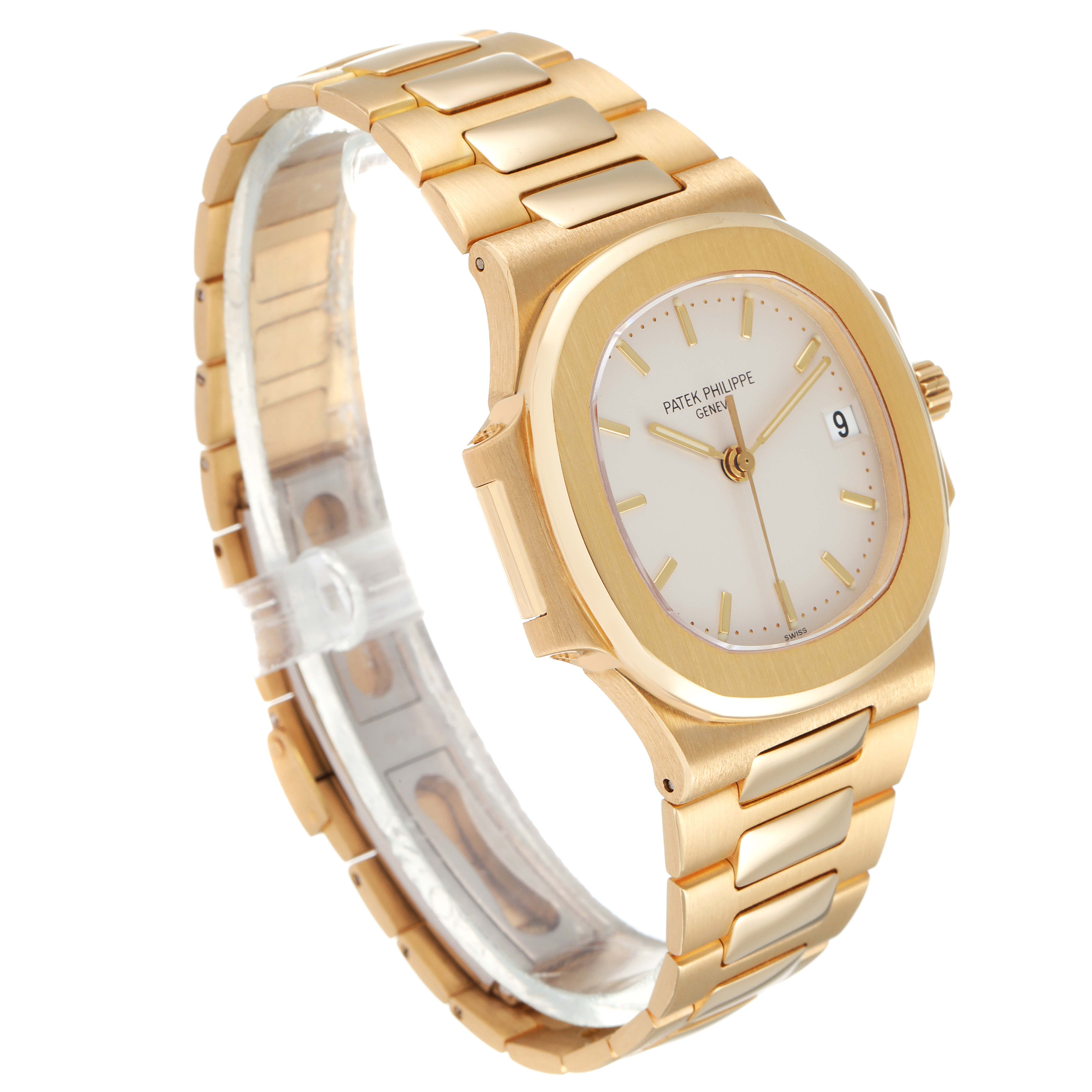 The image shows a Patek Philippe Nautilus 3800 Men's Yellow Gold White Dial 3800 Men's Yellow Gold White Dial watch in a three-quarter view, highlighting its gold case, bracelet, and white dial.