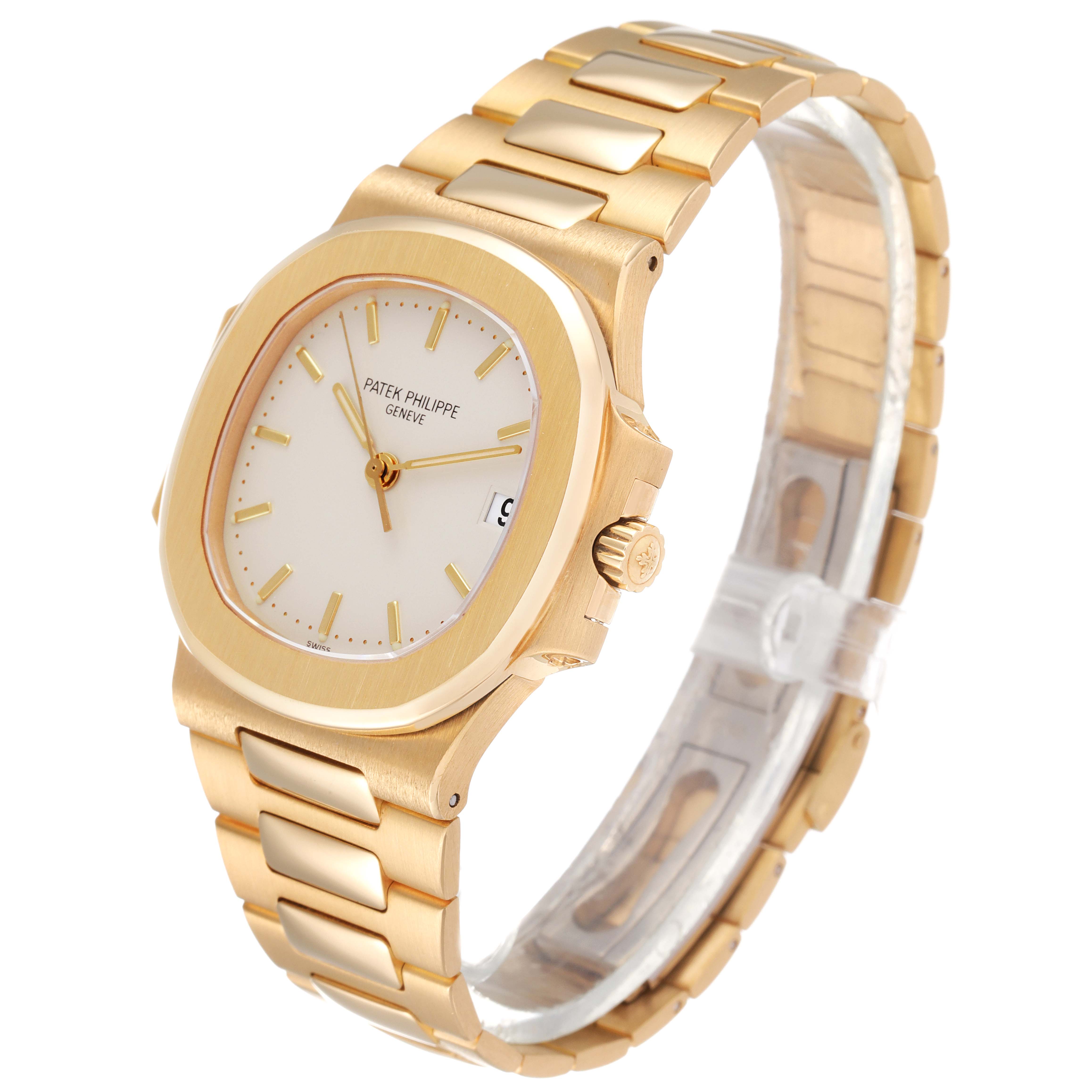 This image shows a Patek Philippe Nautilus 3800 Men's Yellow Gold White Dial 3800 Men's Yellow Gold White Dial watch at a three-quarter angle, highlighting the face, bezel, crown, and part of the bracelet.