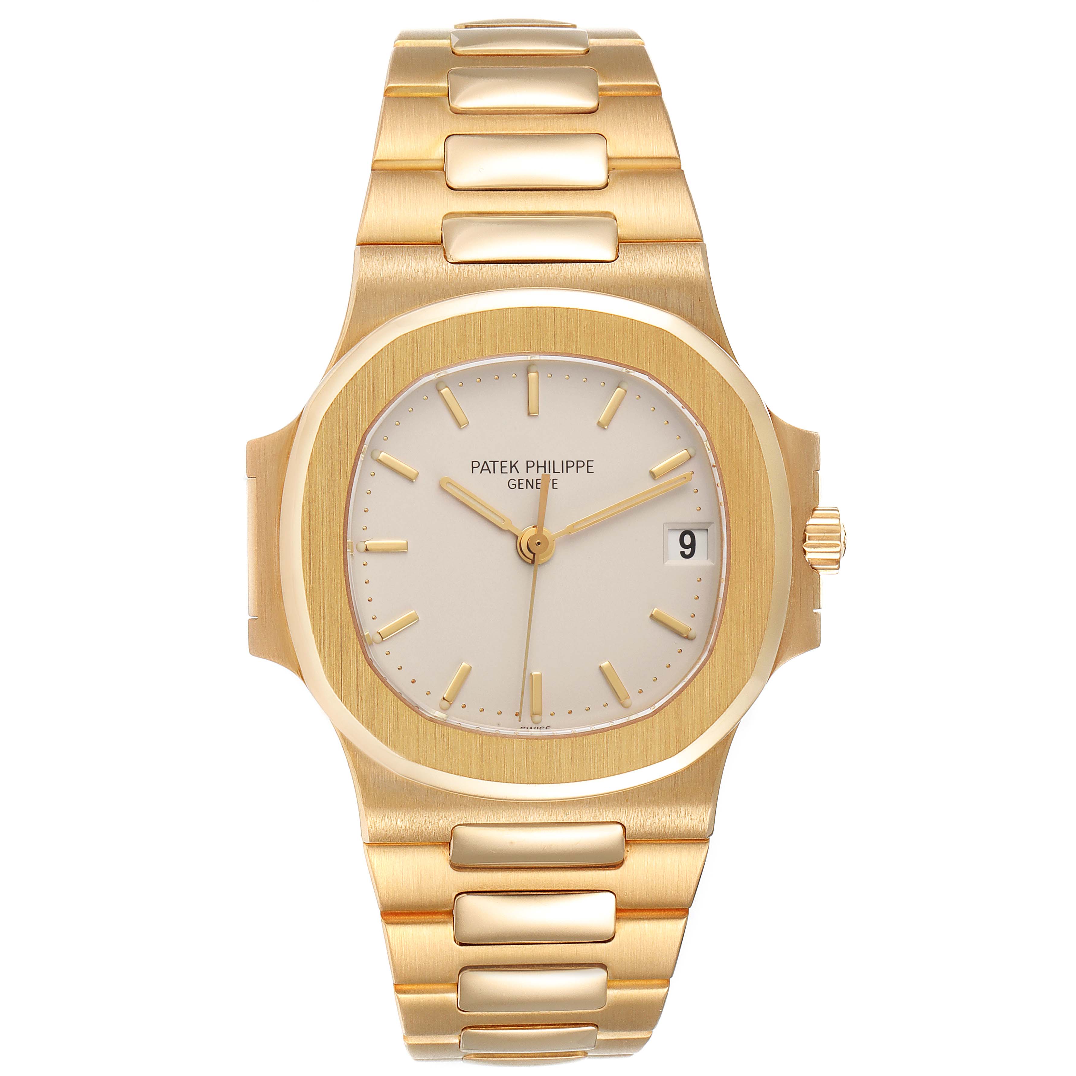 The image shows a front view of the Patek Philippe Nautilus 3800 Men's Yellow Gold White Dial 3800 Men's Yellow Gold White Dial watch, displaying its gold bracelet, dial, and date window.