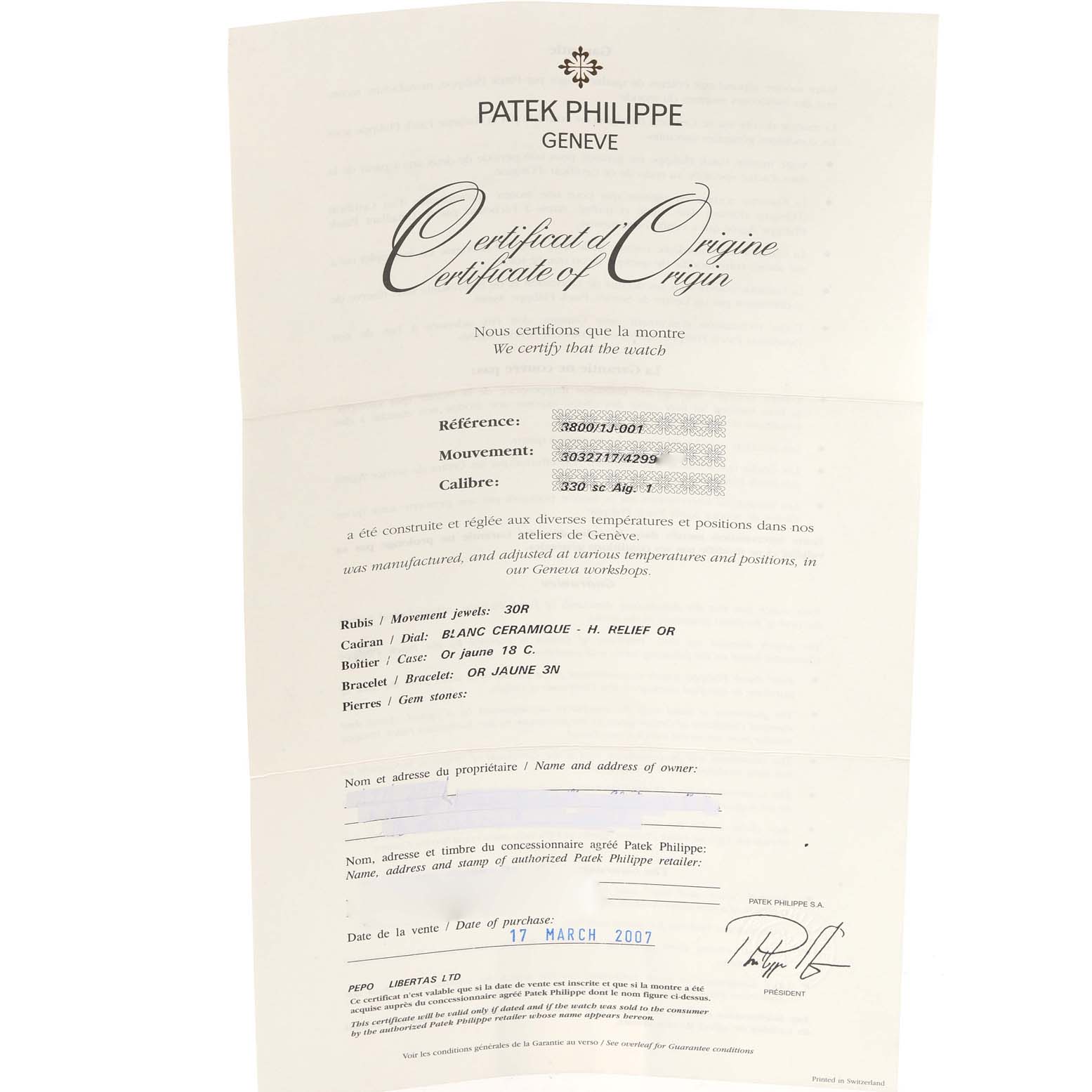 This image shows the Certificate of Origin for a Patek Philippe Nautilus 3800 Men's Yellow Gold White Dial 3800 Men's Yellow Gold White Dial model watch, detailing its specifications and purchase information.