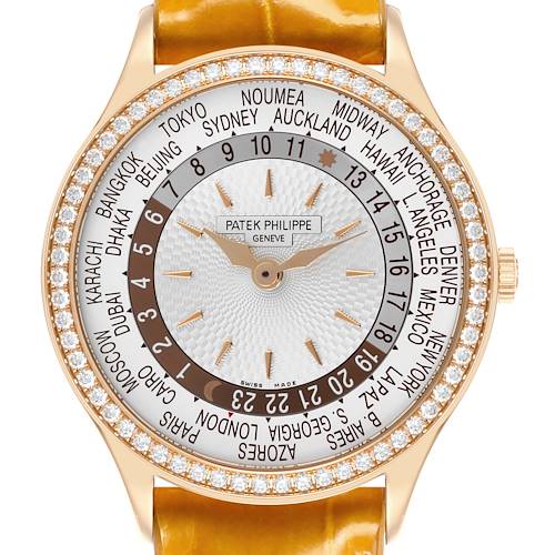 The watch, a Patek Philippe Complications model, is shown from the front, highlighting its face and bezel with diamond accents.