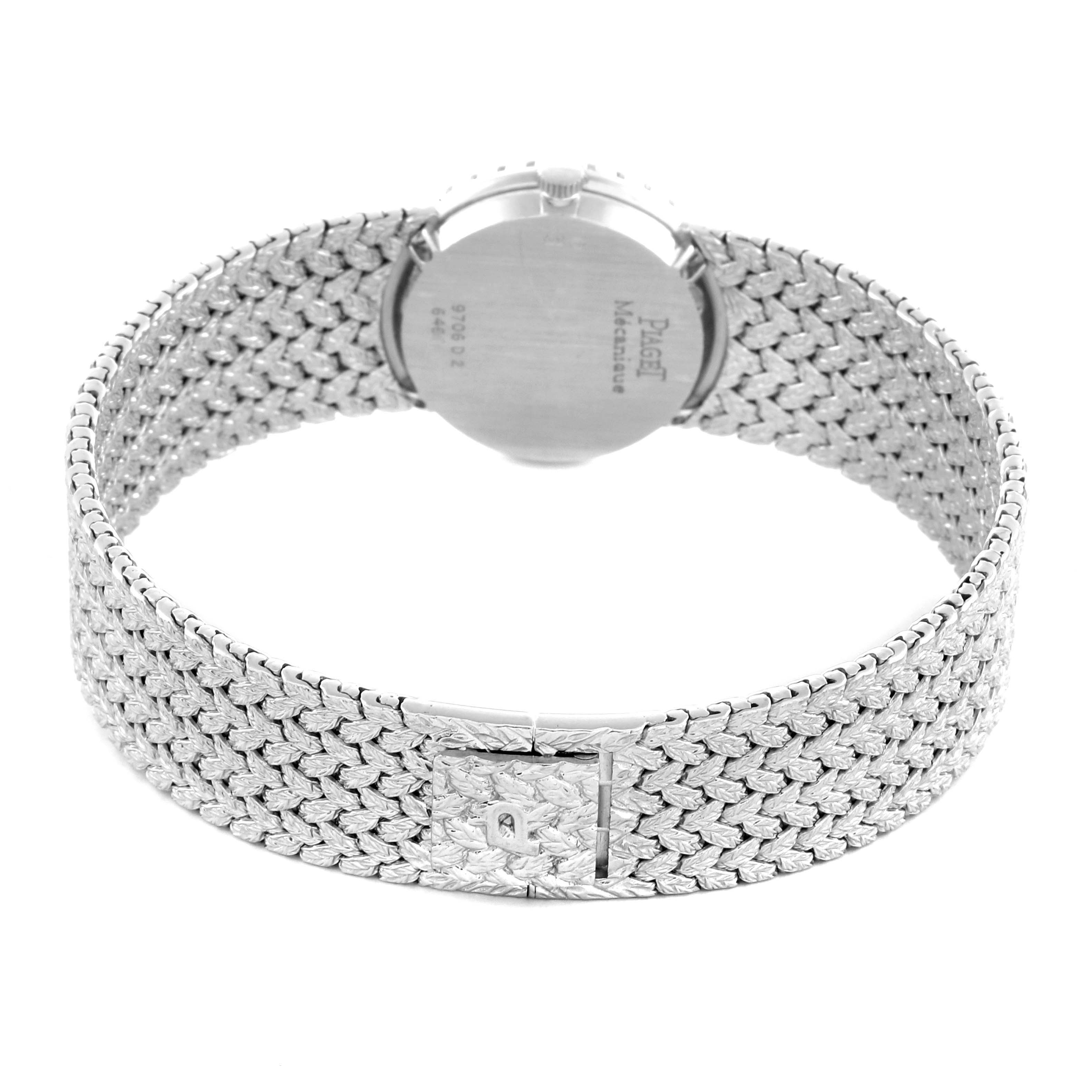 The Piaget 9706D2 Women's White Gold Blue Dial 9706D2 Women's White Gold Blue Dial Tradition White Gold Diamond Dial Vintage Ladies Watch 9706D2 is shown from the back, highlighting the case and bracelet.