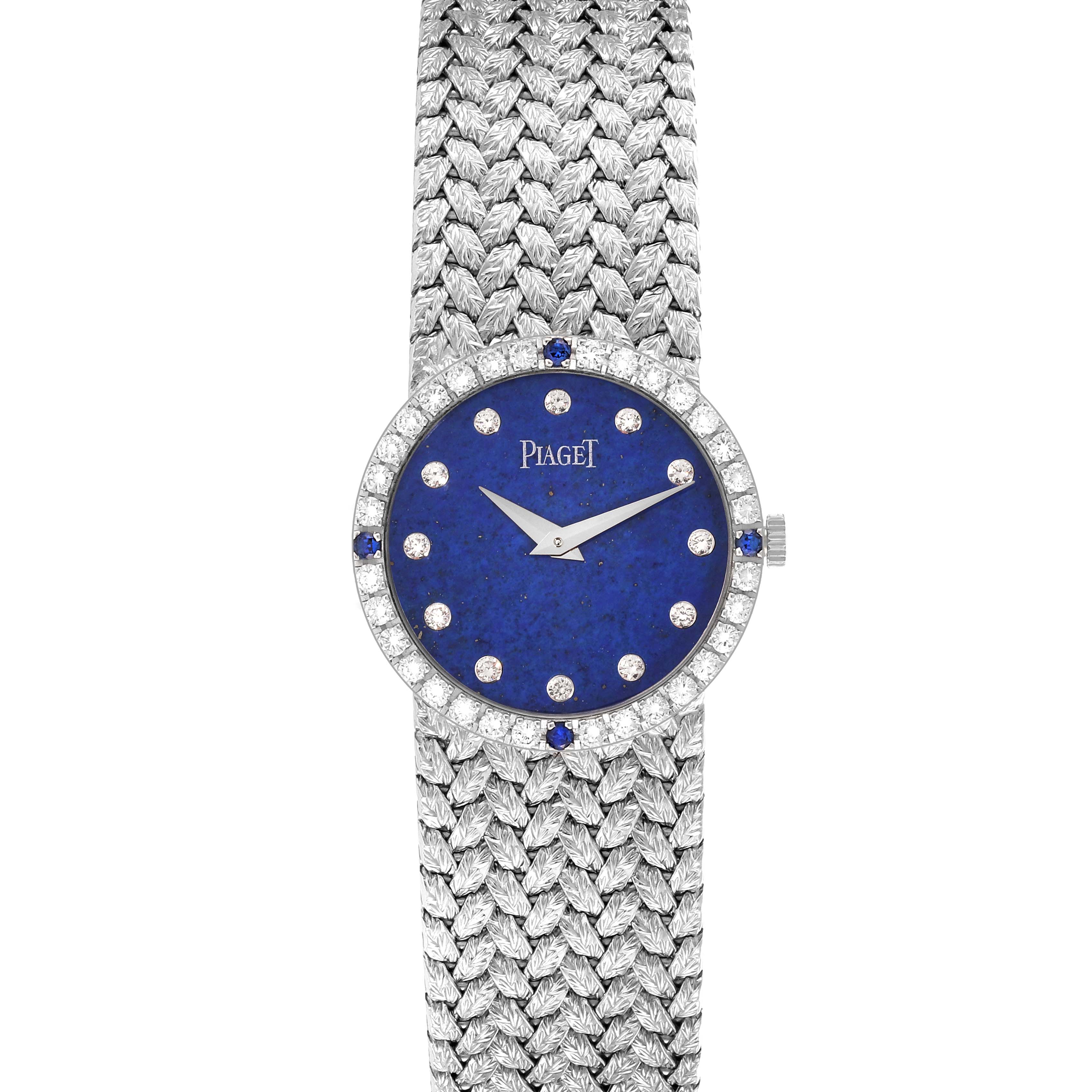 The Piaget 9706D2 Women's White Gold Blue Dial 9706D2 Women's White Gold Blue Dial Tradition 9706D2 watch is shown from the front, displaying its blue diamond dial and woven white gold bracelet.