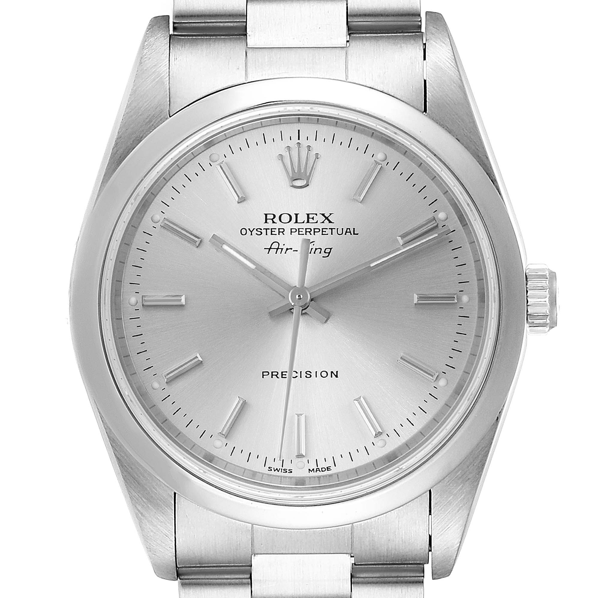 The image shows a front view of the Rolex Air-King 14000 Men's Stainless Steel Silver Dial 14000 Men's Stainless Steel Silver Dial watch, highlighting the dial, hands, and part of the bracelet.