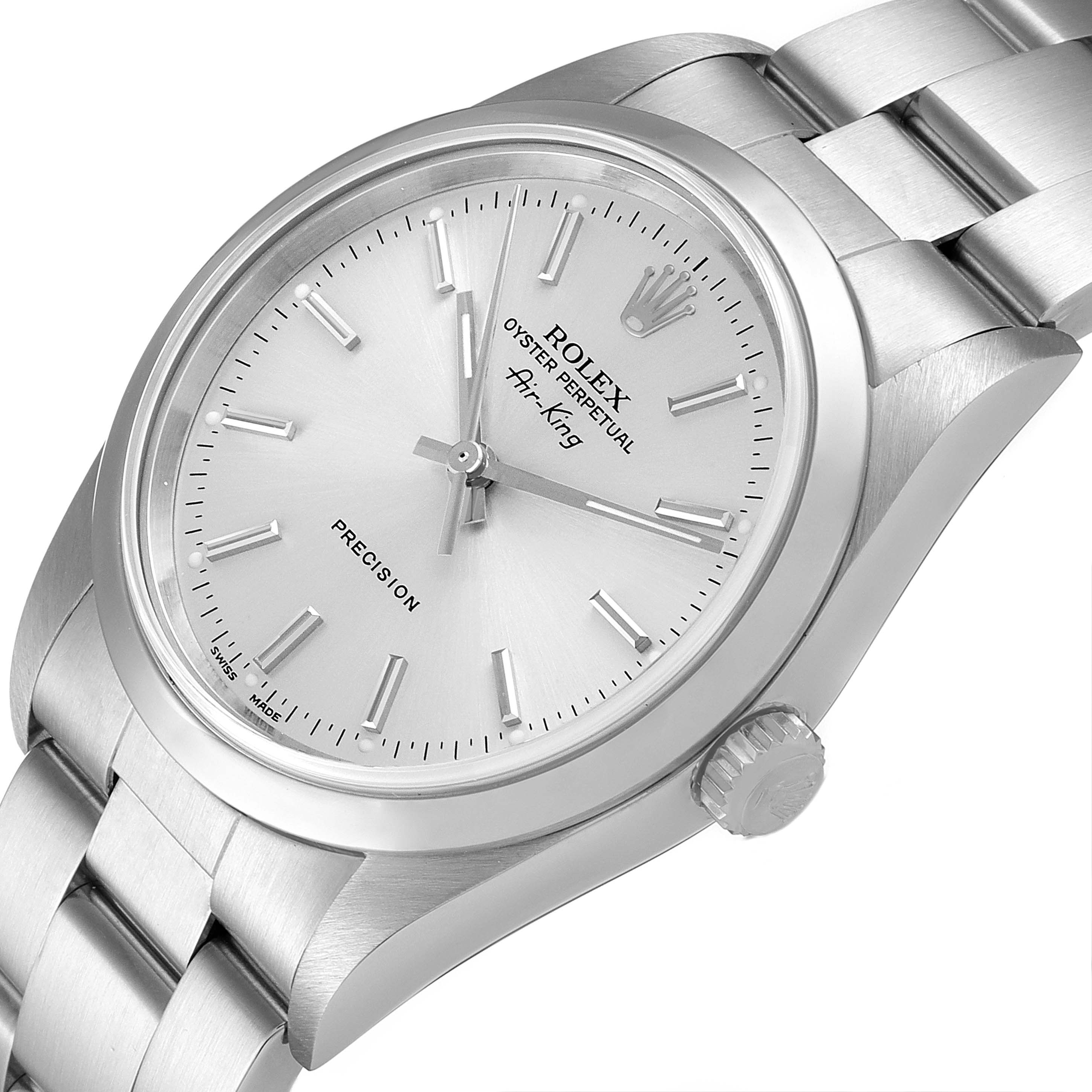 The image shows a close-up, angled view of the Rolex Air-King 14000 Men's Stainless Steel Silver Dial 14000 Men's Stainless Steel Silver Dial watch featuring its dial, case, and part of the bracelet.