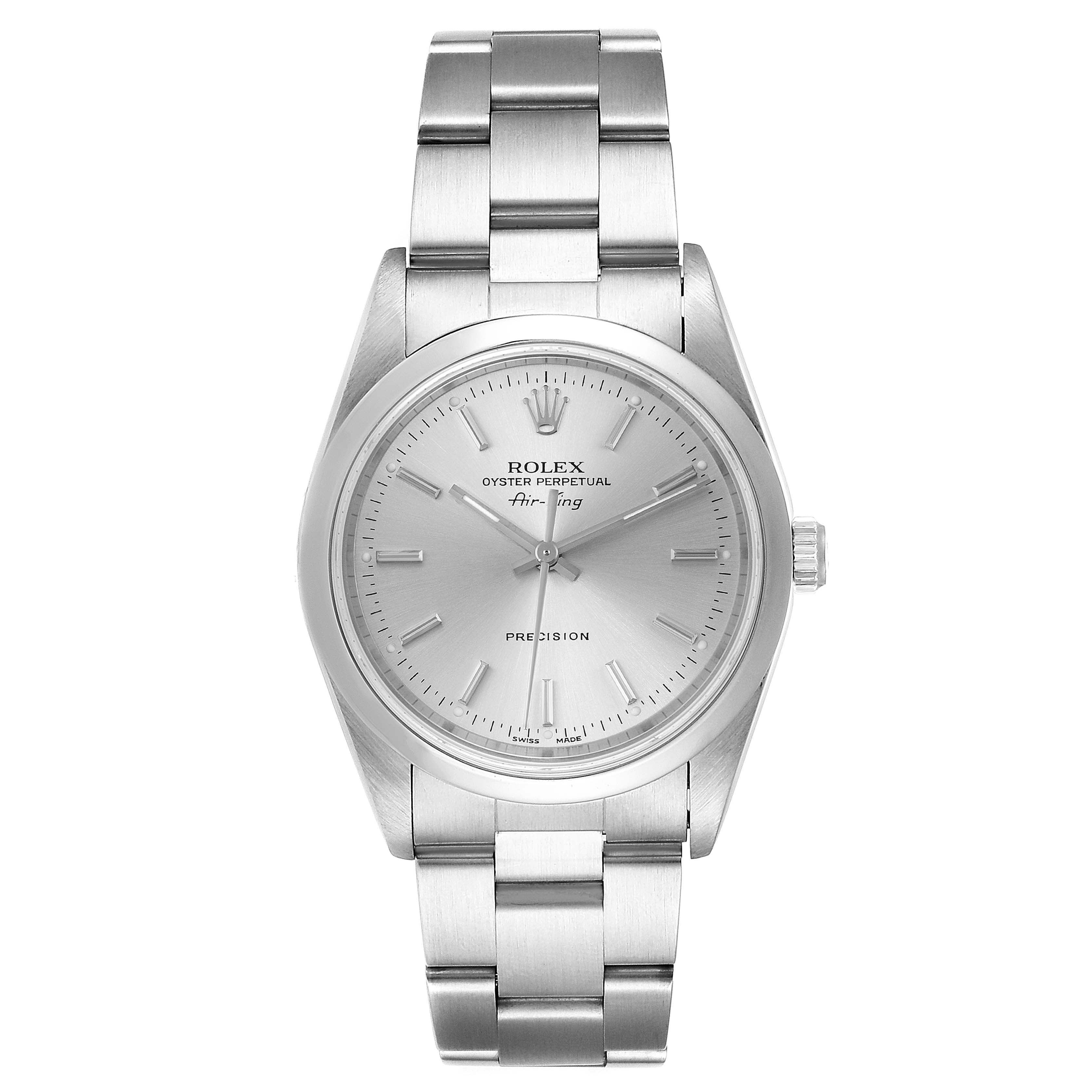 The Rolex Air-King 14000 Men's Stainless Steel Silver Dial 14000 Men's Stainless Steel Silver Dial watch is shown from a front view, displaying the full face, bezel, and a portion of the bracelet.