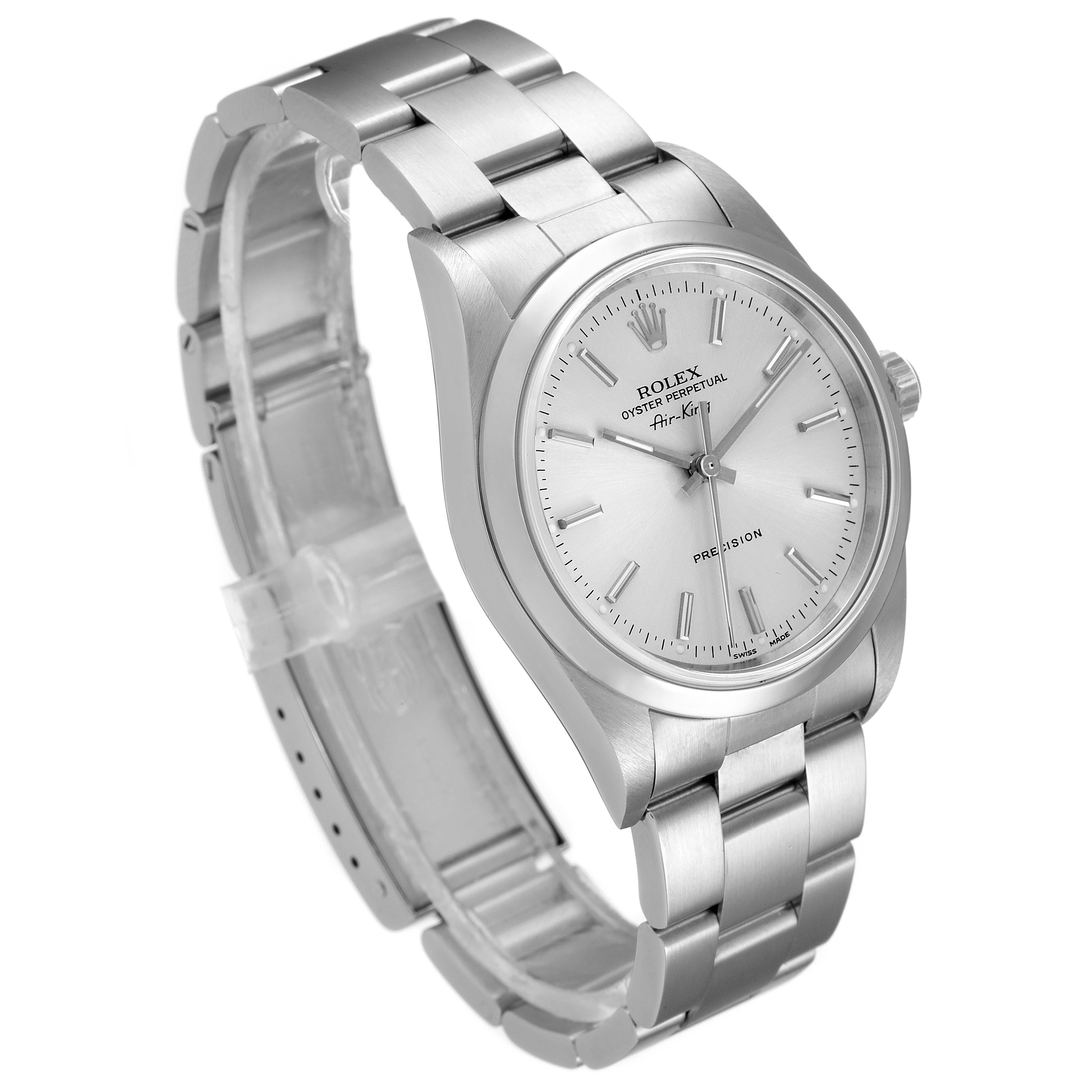 The Rolex Air-King 14000 Men's Stainless Steel Silver Dial 14000 Men's Stainless Steel Silver Dial watch is shown at a slight angle, displaying its face, bracelet, and part of the clasp.