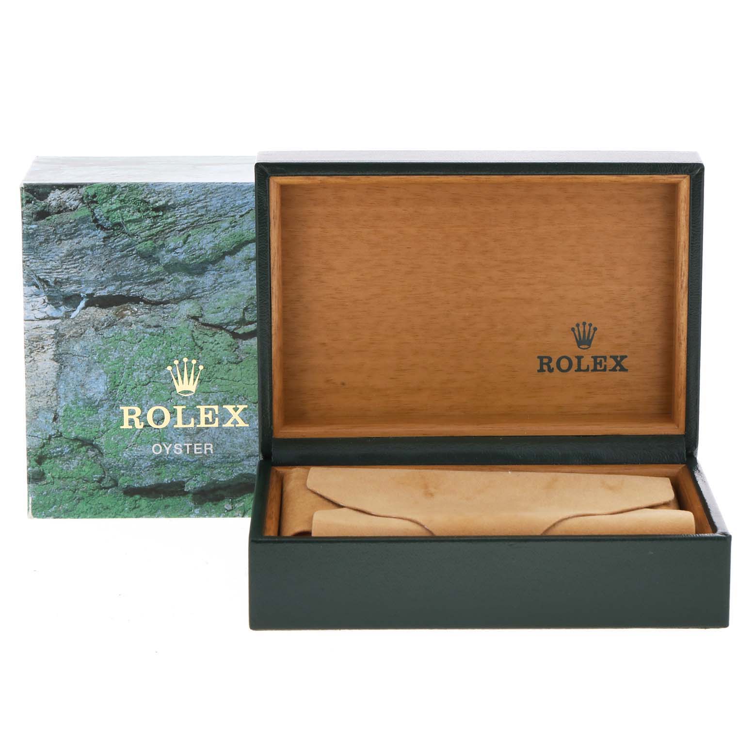 The image shows an open Rolex Air-King 14000 Men's Stainless Steel Silver Dial 14000 Men's Stainless Steel Silver Dial watch box with its lid up, displaying the interior and cushion.