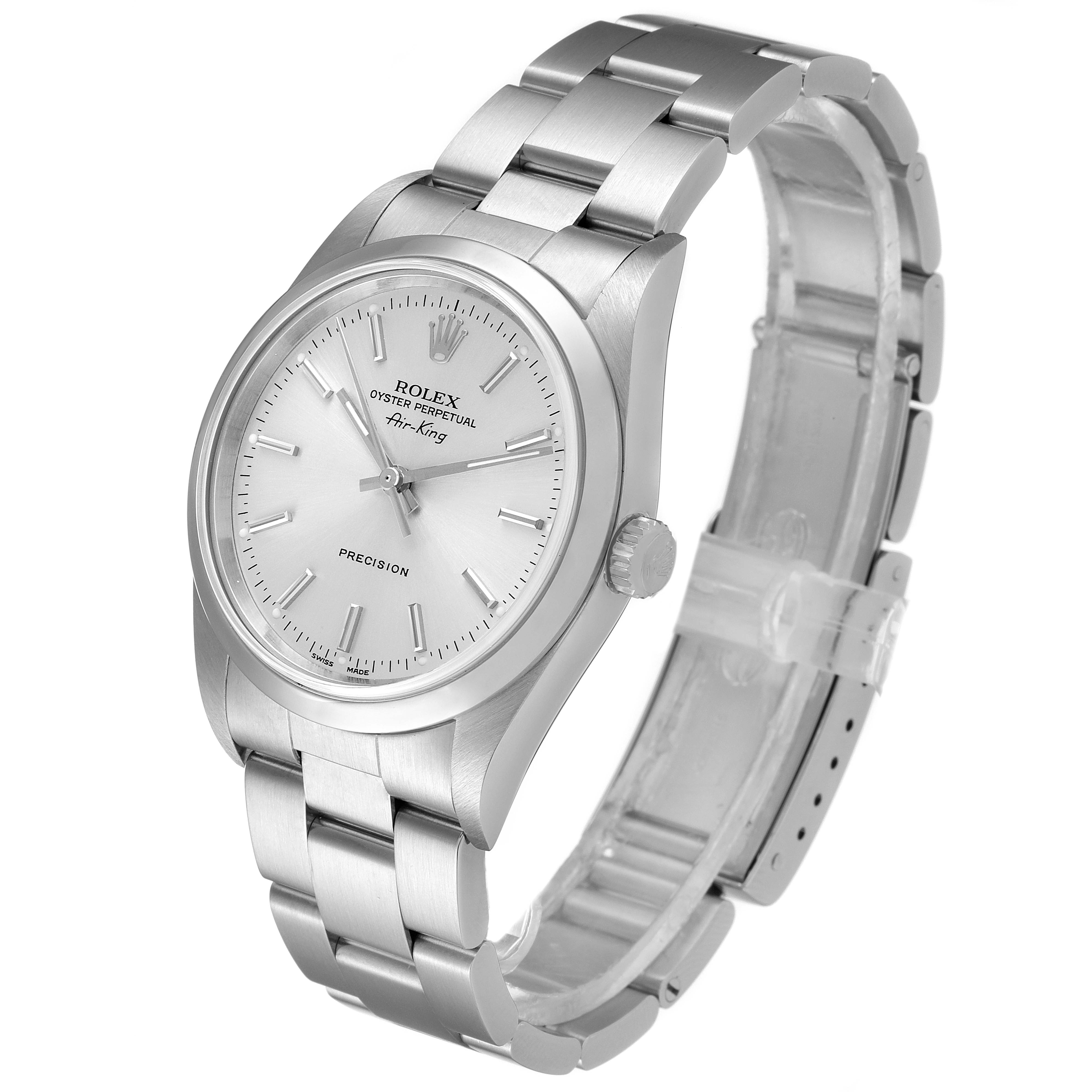 The image shows a side profile of the Rolex Air-King 14000 Men's Stainless Steel Silver Dial 14000 Men's Stainless Steel Silver Dial watch, highlighting its face, bezel, and bracelet.