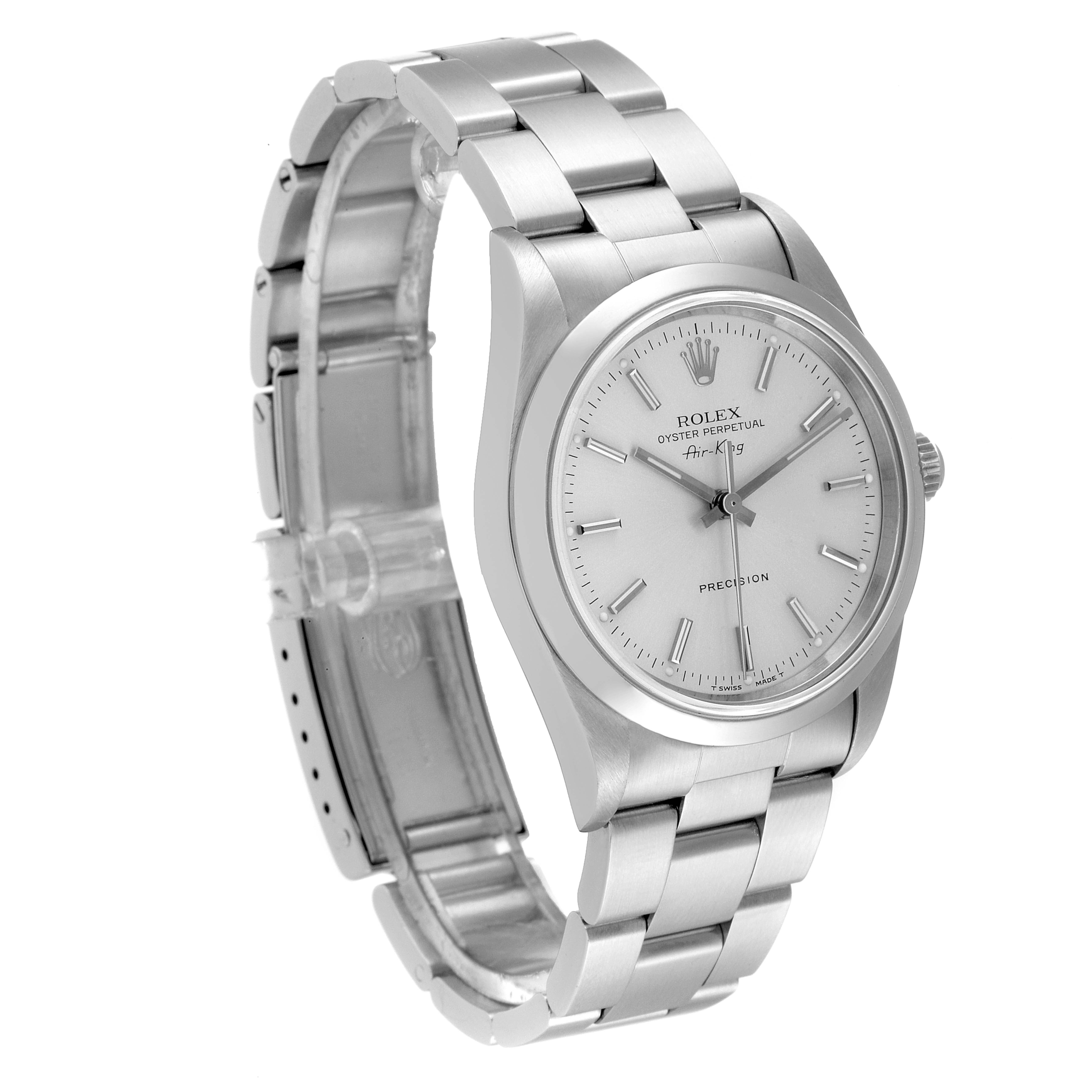 This image shows the Rolex Air-King 14000 Men's Stainless Steel Silver Dial 14000 Men's Stainless Steel Silver Dial watch from a three-quarter angle, highlighting the face, bezel, and metal bracelet.