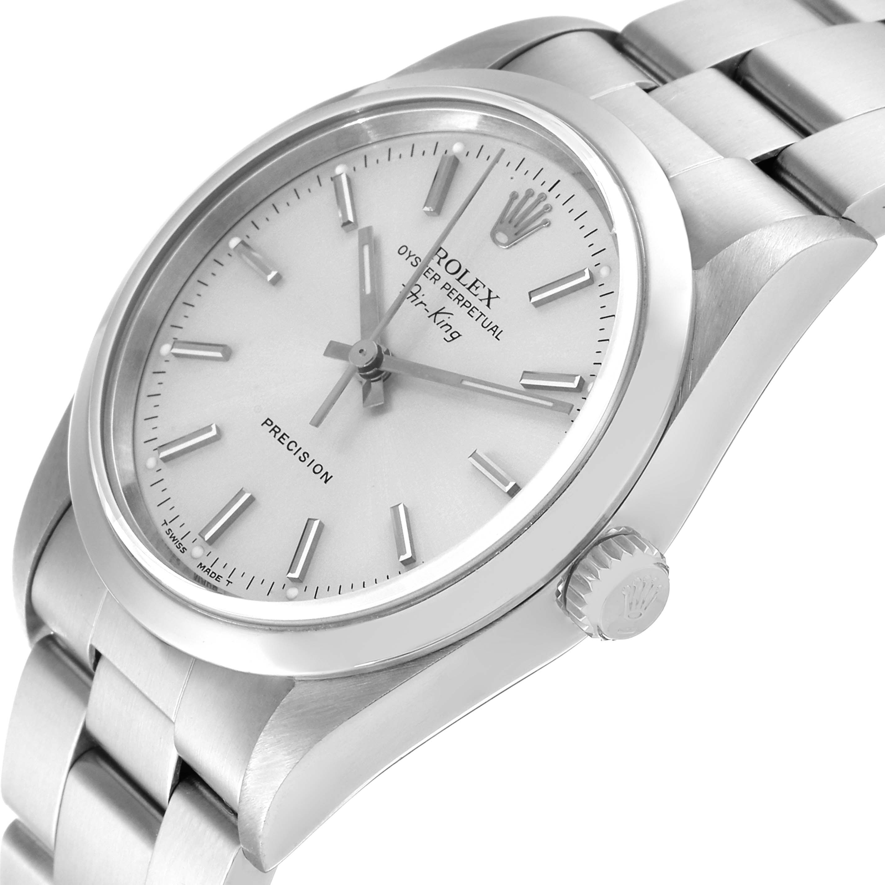 The image shows a Rolex Air-King 14000 Men's Stainless Steel Silver Dial 14000 Men's Stainless Steel Silver Dial watch at a slightly angled side view, highlighting the dial, crown, and part of the bracelet.