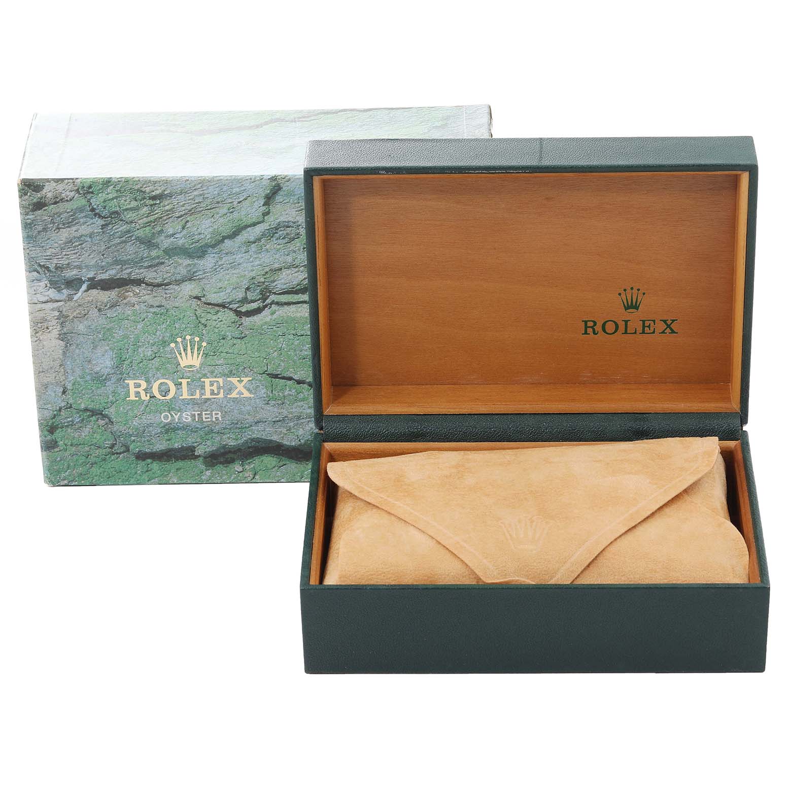 This image shows the packaging for a Rolex Air-King 14000 Men's Stainless Steel Silver Dial 14000 Men's Stainless Steel Silver Dial watch, including the outer box, the inner wooden box, and a protective suede pouch.