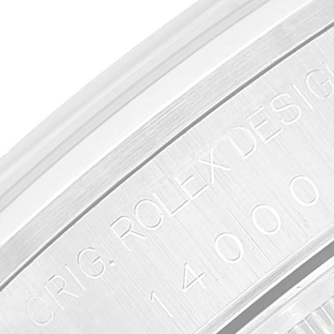This image shows a close-up of the engraved case back of a Rolex Air-King 14000 Men's Stainless Steel Silver Dial 14000 Men's Stainless Steel Silver Dial watch.