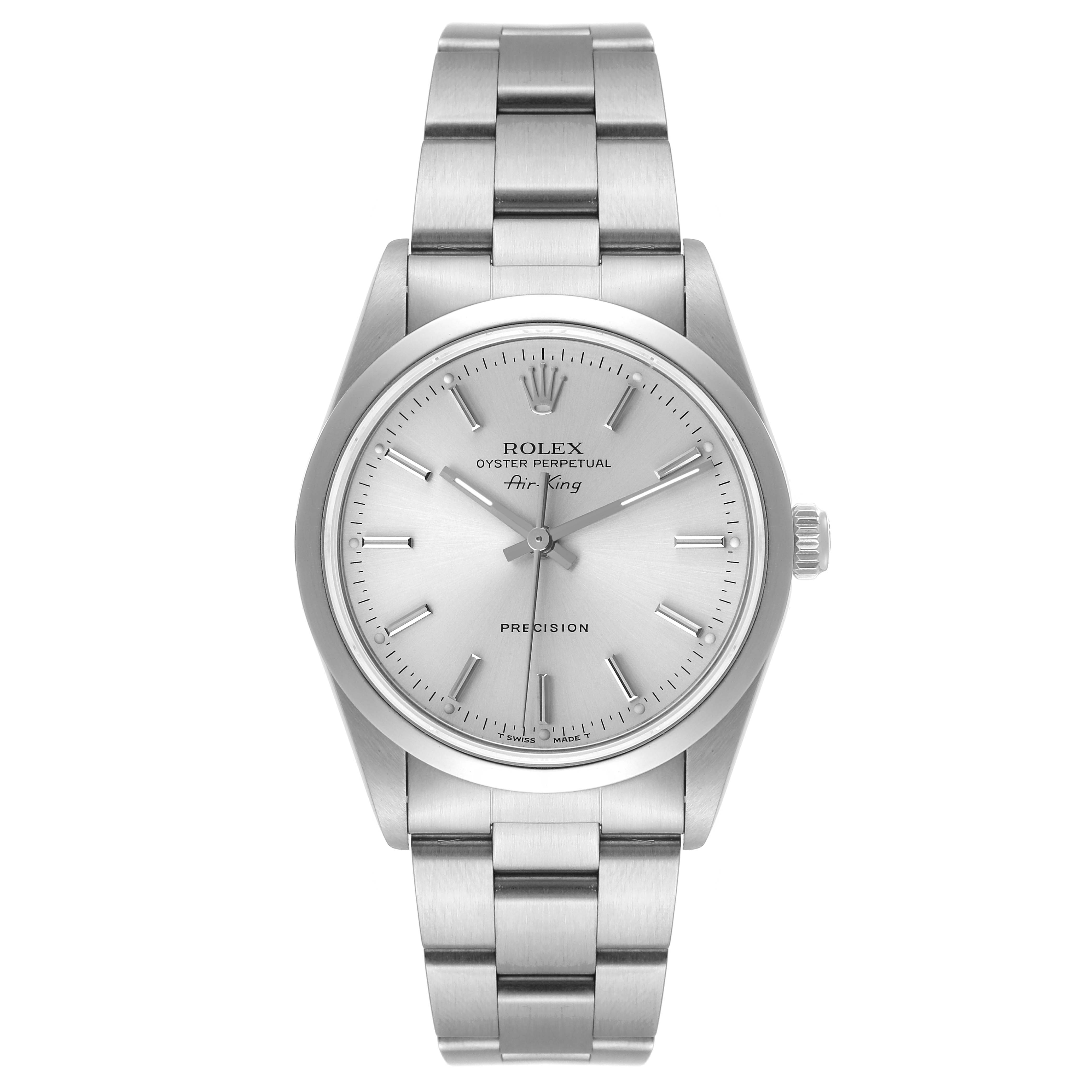 This image shows a front view of a Rolex Air-King 14000 Men's Stainless Steel Silver Dial 14000 Men's Stainless Steel Silver Dial watch, displaying its dial, hands, case, and bracelet.