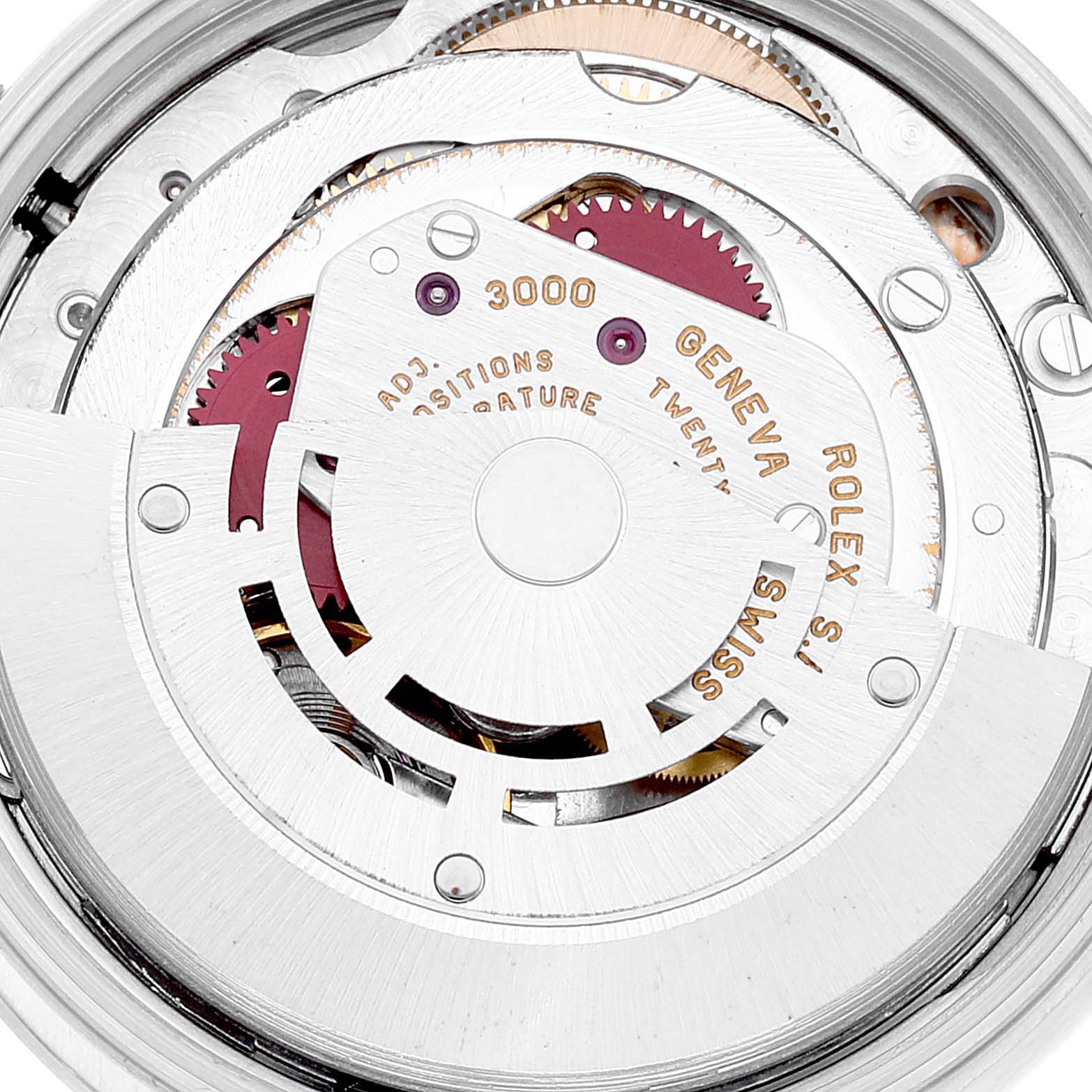 This image shows a close-up of the intricate internal mechanical movement of a Rolex Air-King 14000 Men's Stainless Steel Silver Dial 14000 Men's Stainless Steel Silver Dial watch.