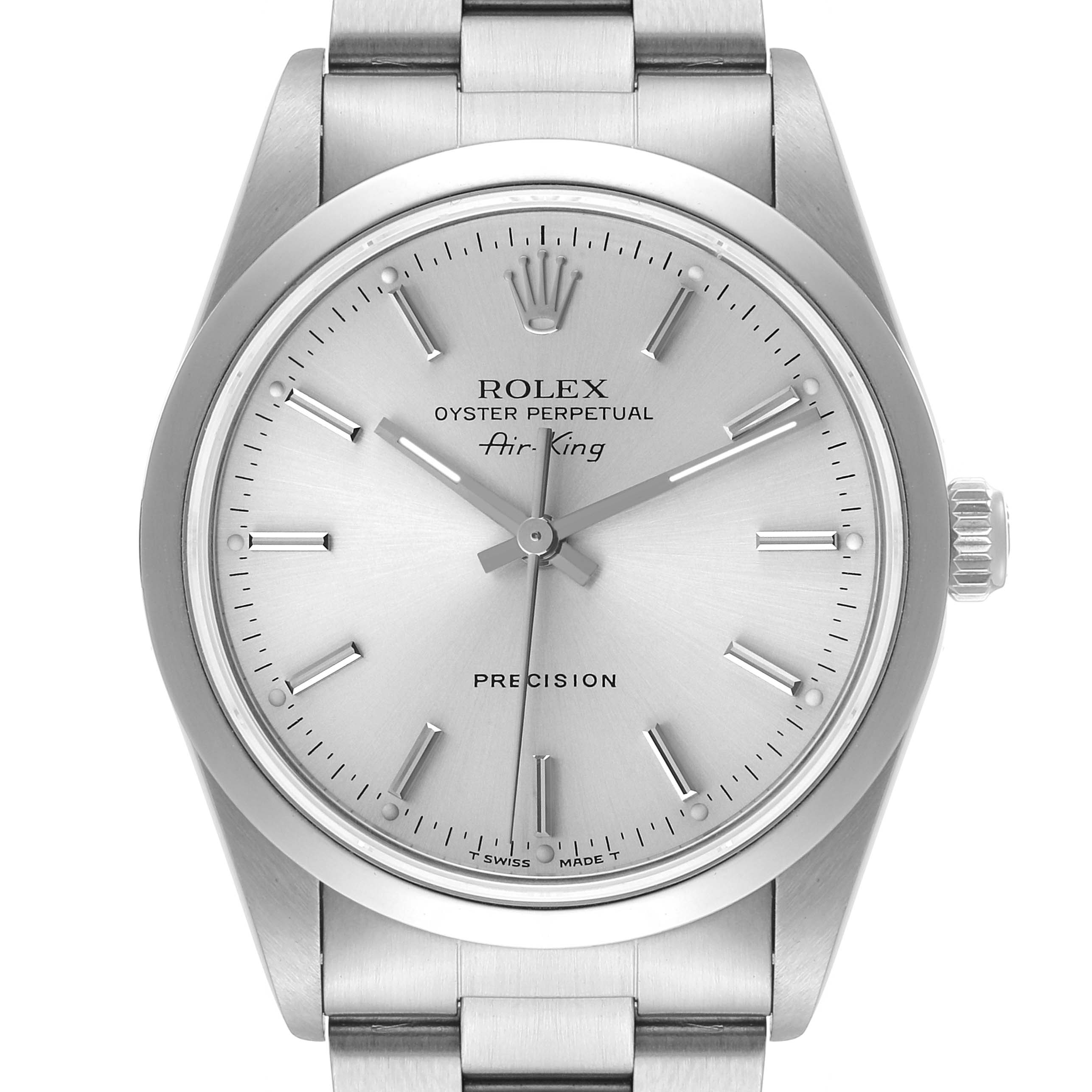 The image is a front view of a Rolex Air-King 14000 Men's Stainless Steel Silver Dial 14000 Men's Stainless Steel Silver Dial watch, showing its face, hands, crown, and bracelet.