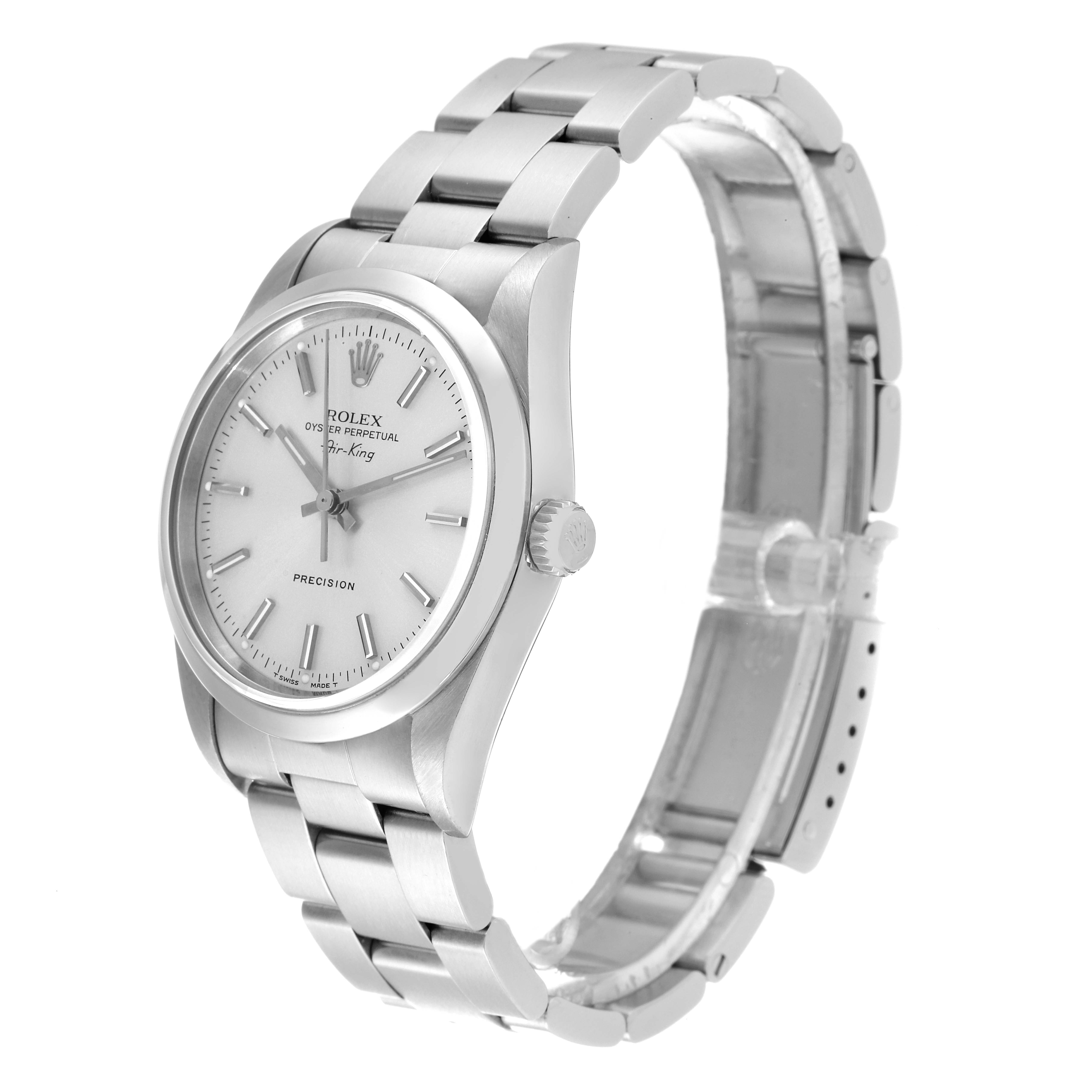 The image shows a side angle view of the Rolex Air-King 14000 Men's Stainless Steel Silver Dial 14000 Men's Stainless Steel Silver Dial watch, highlighting the case, crown, dial, and bracelet.