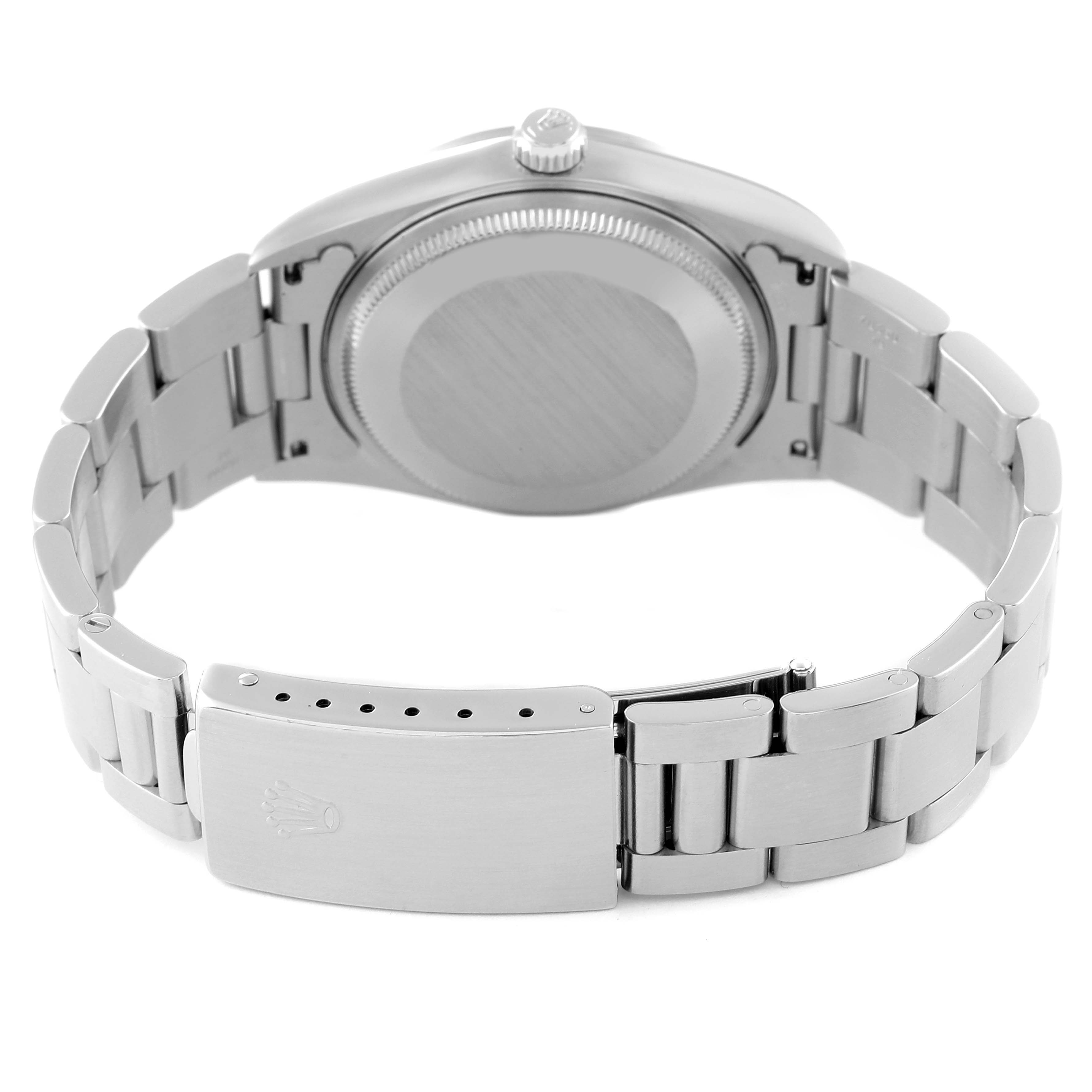 This image shows the back case and clasp of a Rolex Air-King 14000 Men's Stainless Steel Silver Dial 14000 Men's Stainless Steel Silver Dial model watch from a rear angle.