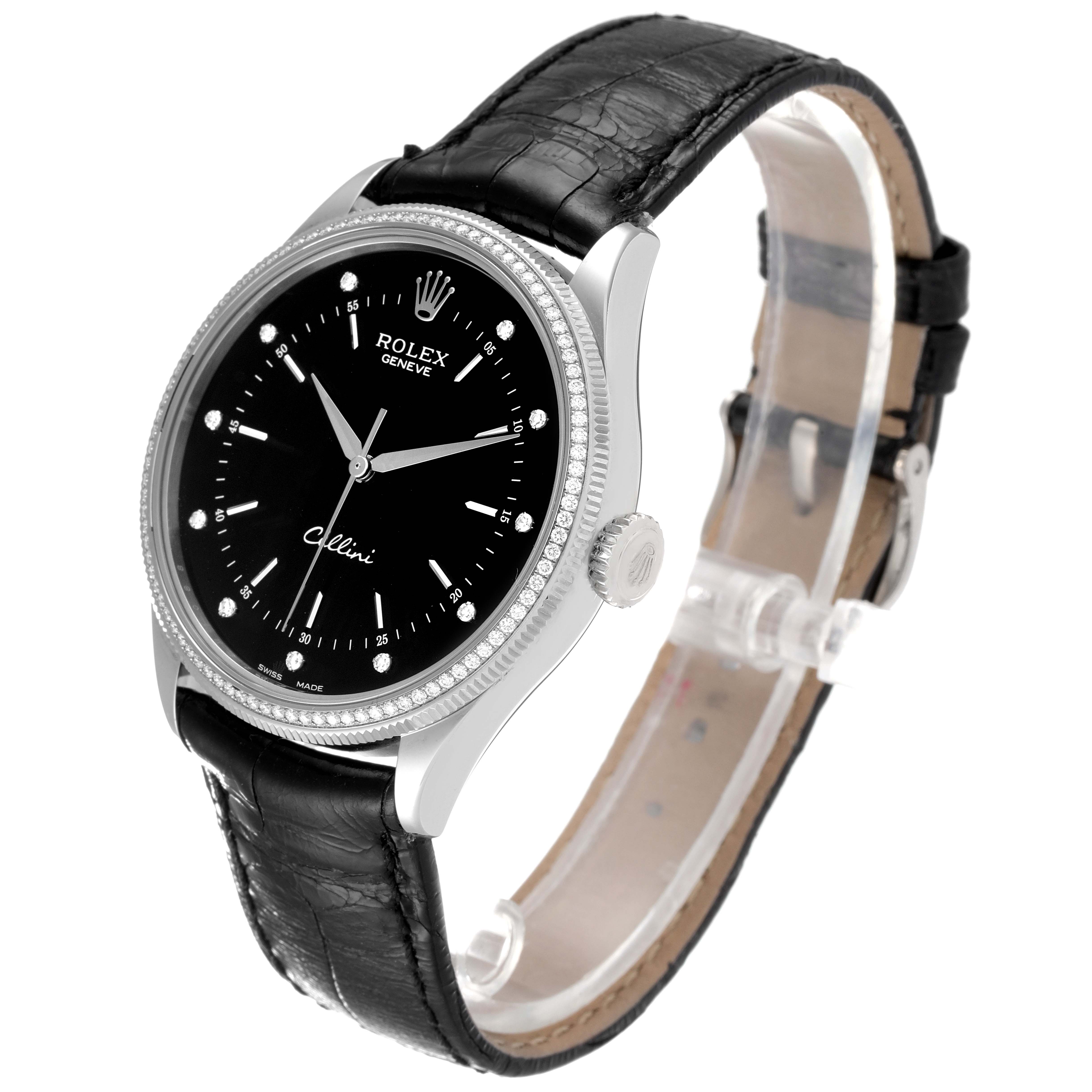 The Rolex Cellini 50609RBR Men's White Gold Black Dial 50609RBR Men's White Gold Black Dial watch is shown at a three-quarter angle, displaying the dial, bezel, crown, and leather strap.