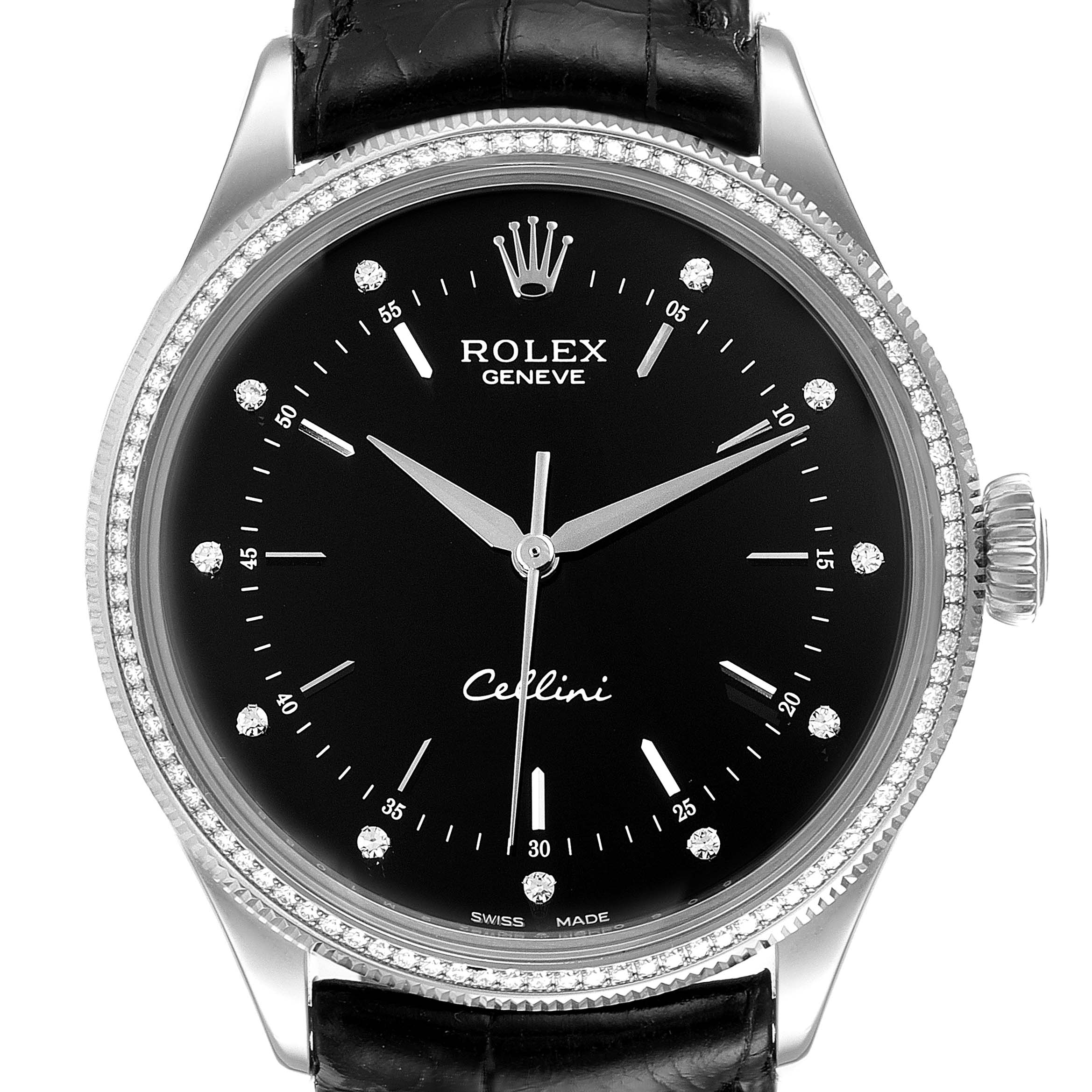 This image shows a front view of a Rolex Cellini 50609RBR Men's White Gold Black Dial 50609RBR Men's White Gold Black Dial watch, highlighting its black dial, diamond hour markers, and leather strap.