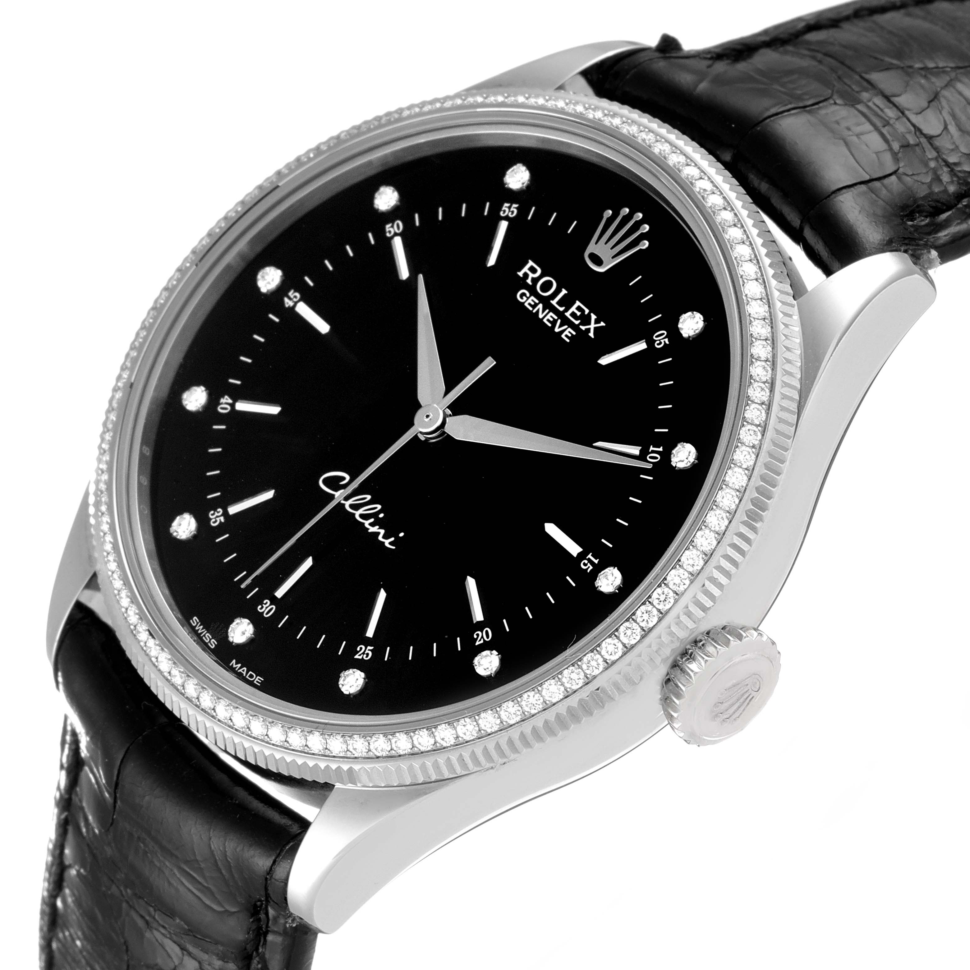 The Rolex Cellini 50609RBR Men's White Gold Black Dial 50609RBR Men's White Gold Black Dial watch is shown at a slight angle, highlighting the black dial, diamond hour markers, bezel, and black leather strap.