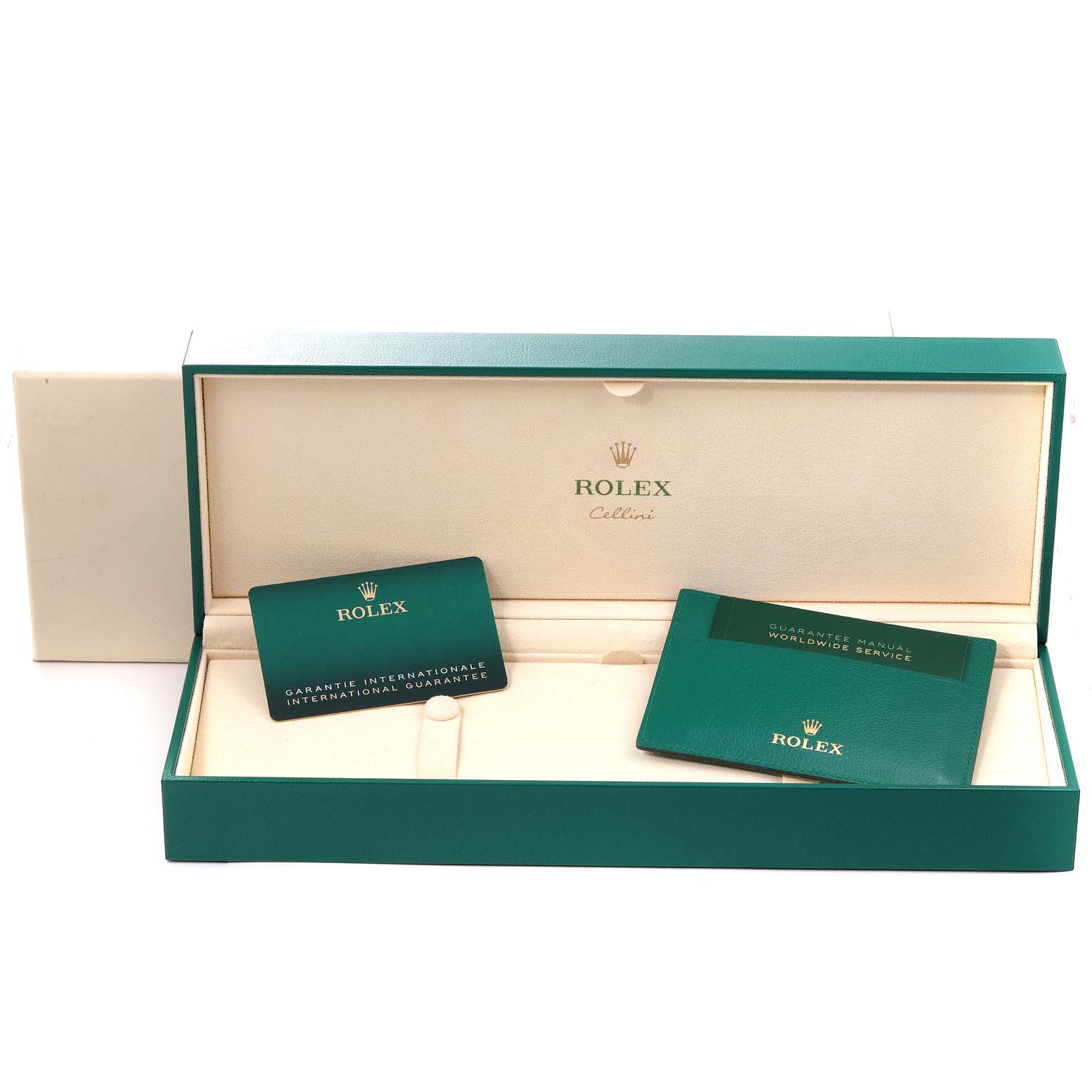 The image shows an open Rolex Cellini 50609RBR Men's White Gold Black Dial 50609RBR Men's White Gold Black Dial watch box with a guarantee manual and international guarantee card inside.