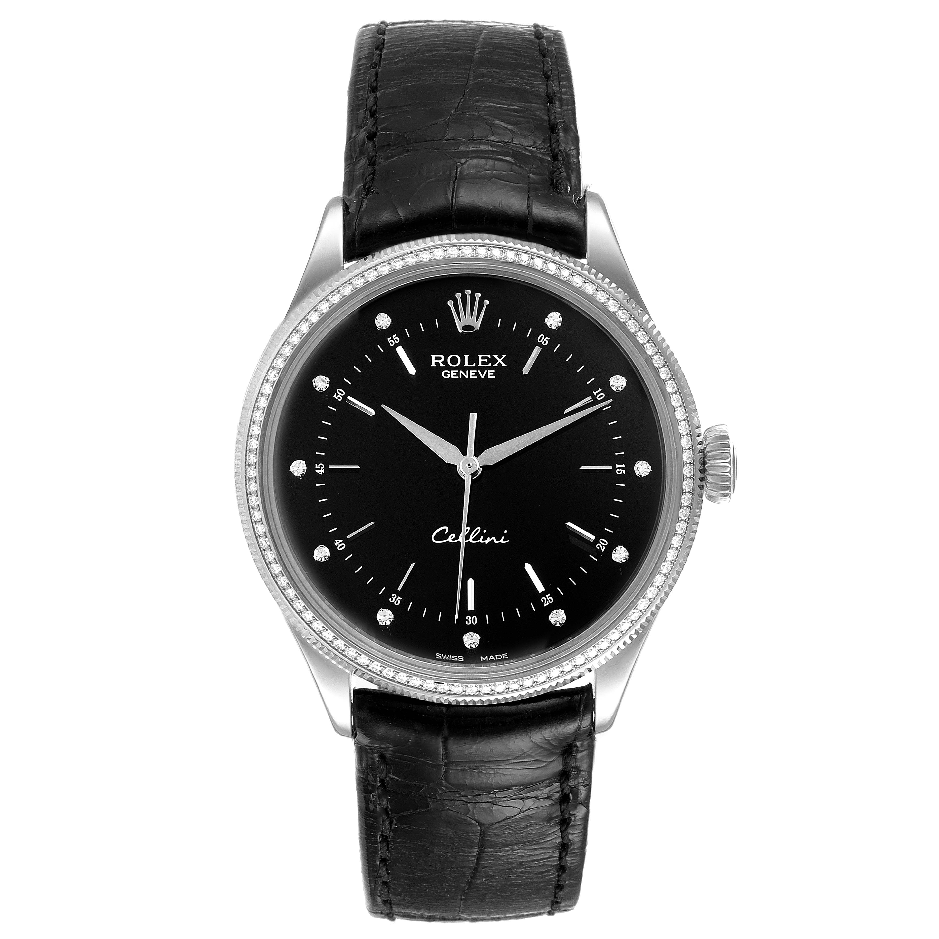 The image shows a front view of a Rolex Cellini 50609RBR Men's White Gold Black Dial 50609RBR Men's White Gold Black Dial watch, highlighting the dial, bezel, crown, and leather strap.